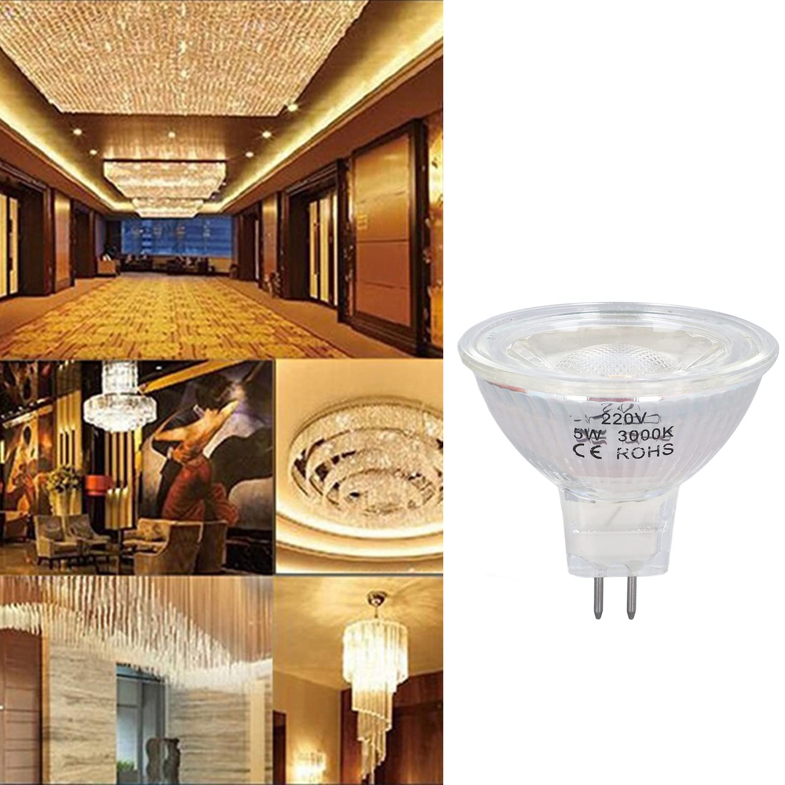 Wakects Bombilla LED de 5W MR16 Bombilla COB Vidrio Regulable 220V 420LM Haz de 24 Grados Vidrio de Cuarzo Acrílico Cerámica para Dormitorio Sala de Estar Luces de Riel de Techo Puntuales (luz