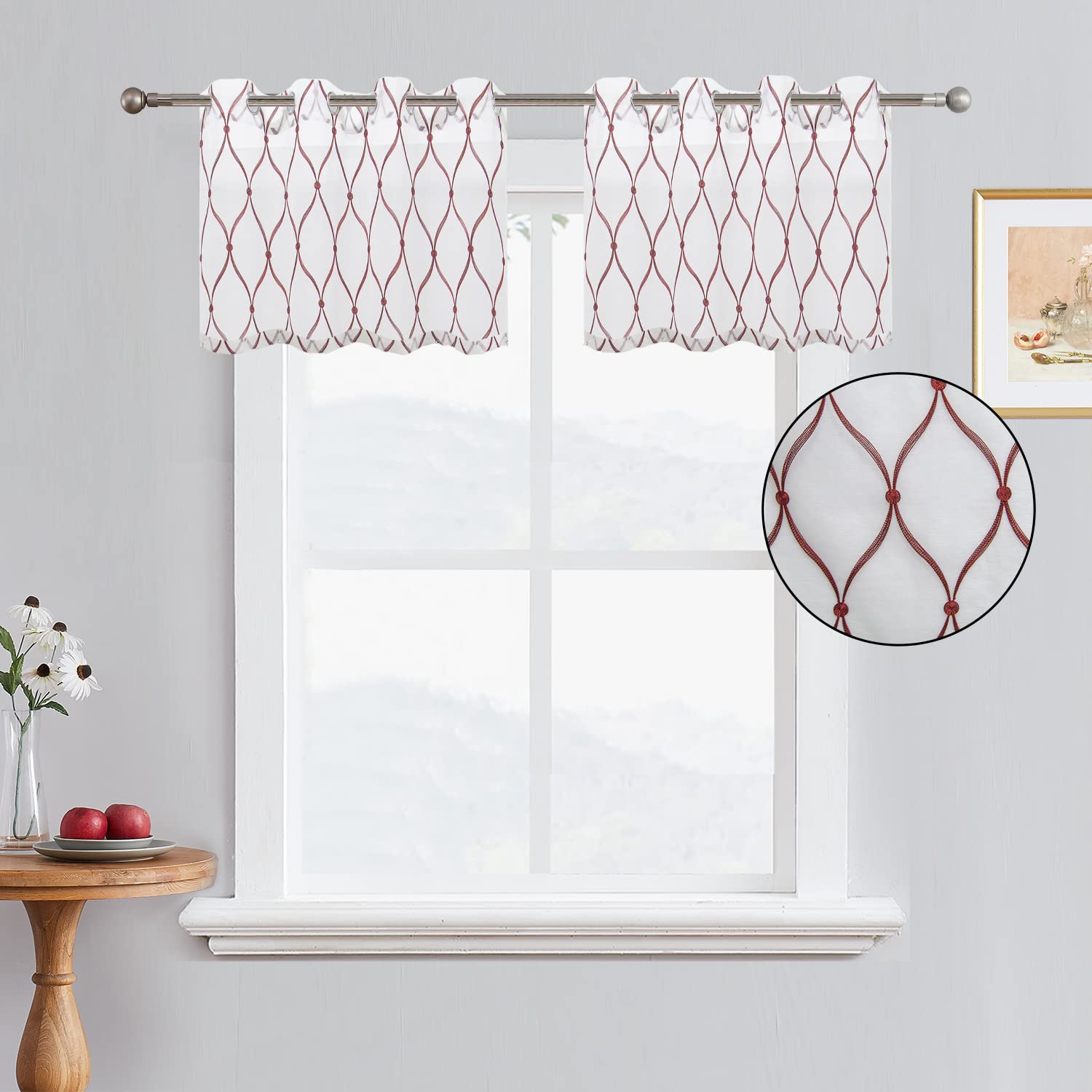 July Joy White Valance Sheer Curtains 18 Inches Burgundy Moroccan Embroidered Grommet Semi Window Drapes for Living Room Bedroom, 2 Panels