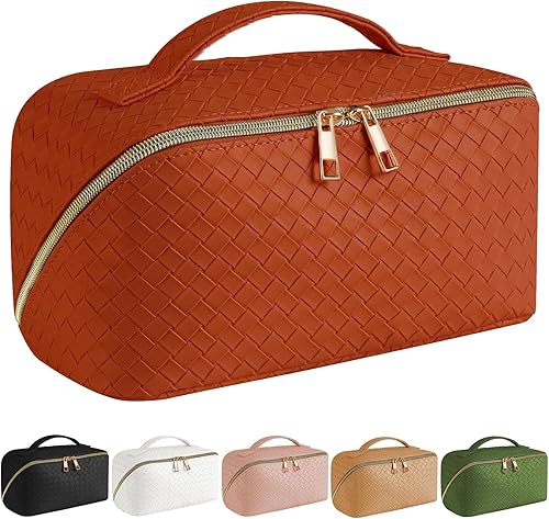 E Bolsa de cosméticos de viaje de gran capacidad, portátil, organizador de maquillaje para mujer, con asa y divisor para maquillaje plana, Marrón