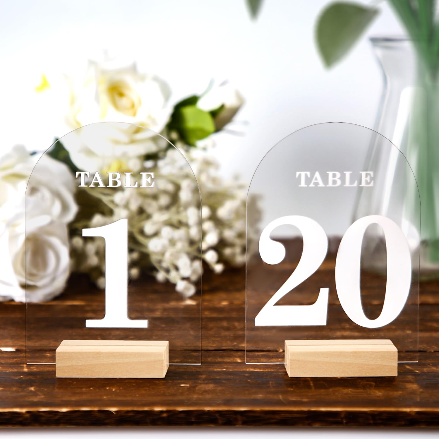 20pz Numeri da Tavolo per Matrimonio in Acrilico con Supporti, Numeri da Tavolo ad Arco in Acrilico Numeri da Tavolo ad Arco con Basi in Legno per Ricevimento di Nozze Festa Decorazione