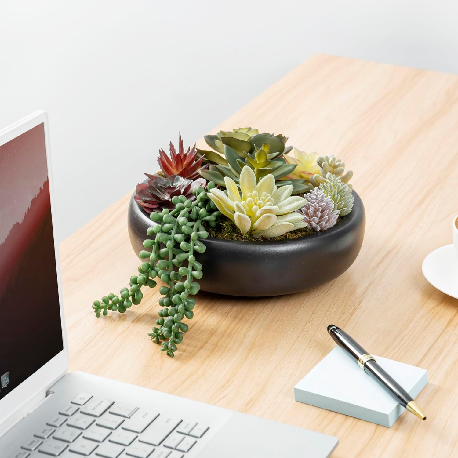 MyGift 8-Inch Artificial Succulent Plant Arrangement, Assorted Fake Plants in Modern Black Round Concrete Planter Bowl - Image 3