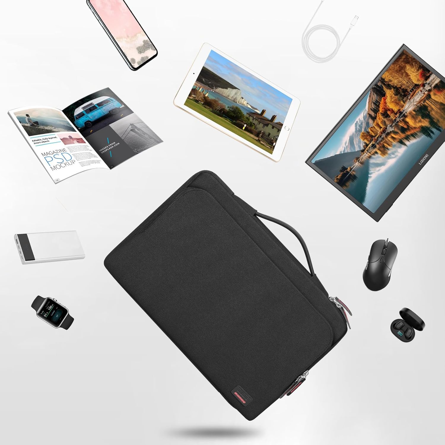 16.1/15.6 Inch Portable Monitor Case, 15.6 inch Laptop Protective Carrying Cover with PU Handle, Large Accessory Pocket and Water Resistant for Travel Monitor Bag Display Screen Sleeve, Black