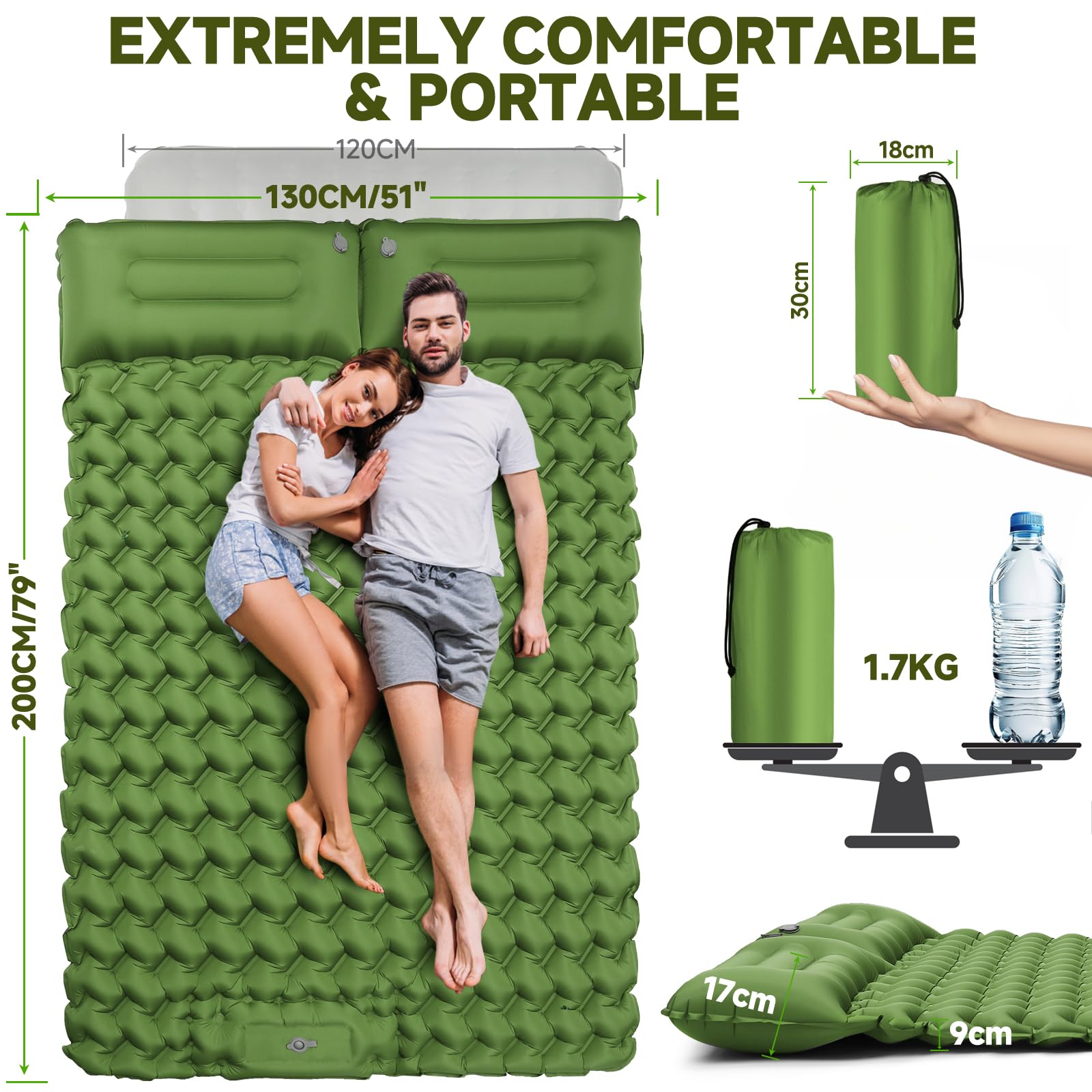 Materassino da campeggio autogonfiante 2 persone 200x130CM ultraleggero Materasso doppio impermeabile per esterni, escursioni, tenda, spiaggia