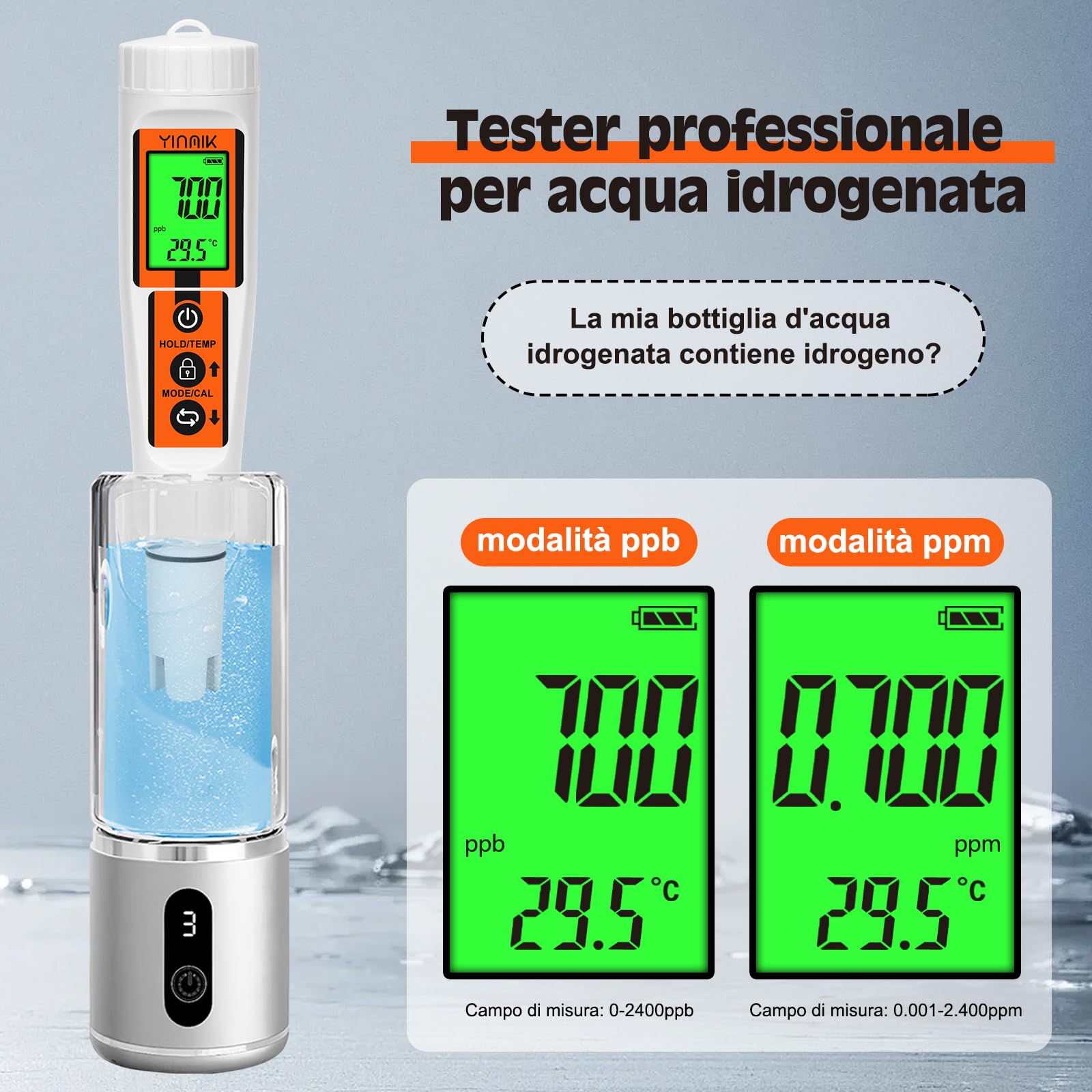 Tester per acqua idrogeno, misuratore H2 ORP pH Temp 4 in 1, misuratore idrogeno in acqua ppb/ppm, penna di prova per idrogeno disciolto per bottiglia di acqua all'idrogeno, misuratore pH ORP accurato