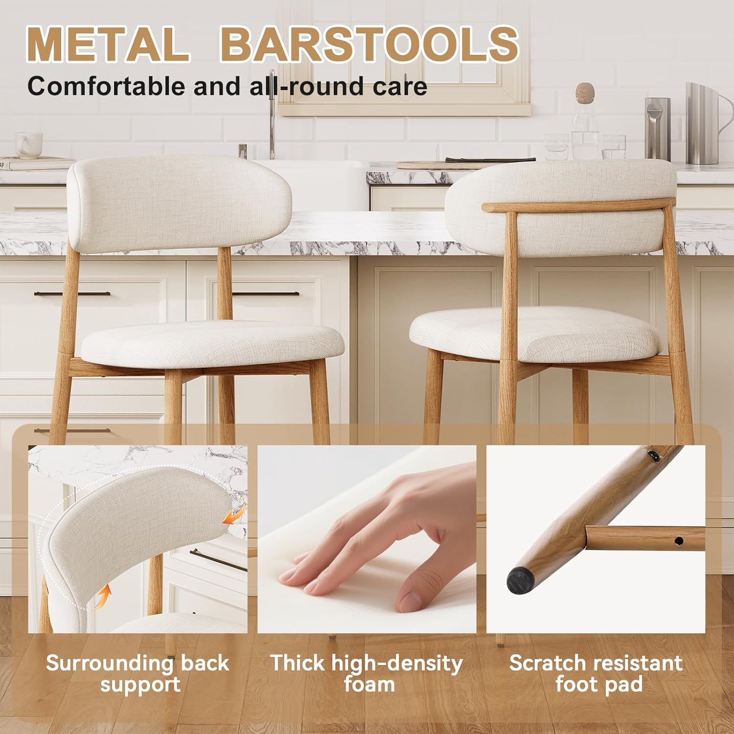 Bar Stools Set of 2, Upholstered Counter Height Bar Stools with Metal Legs & Curved Back,Kitchen Bar Stools for Kitchen Island, Bar, Beige