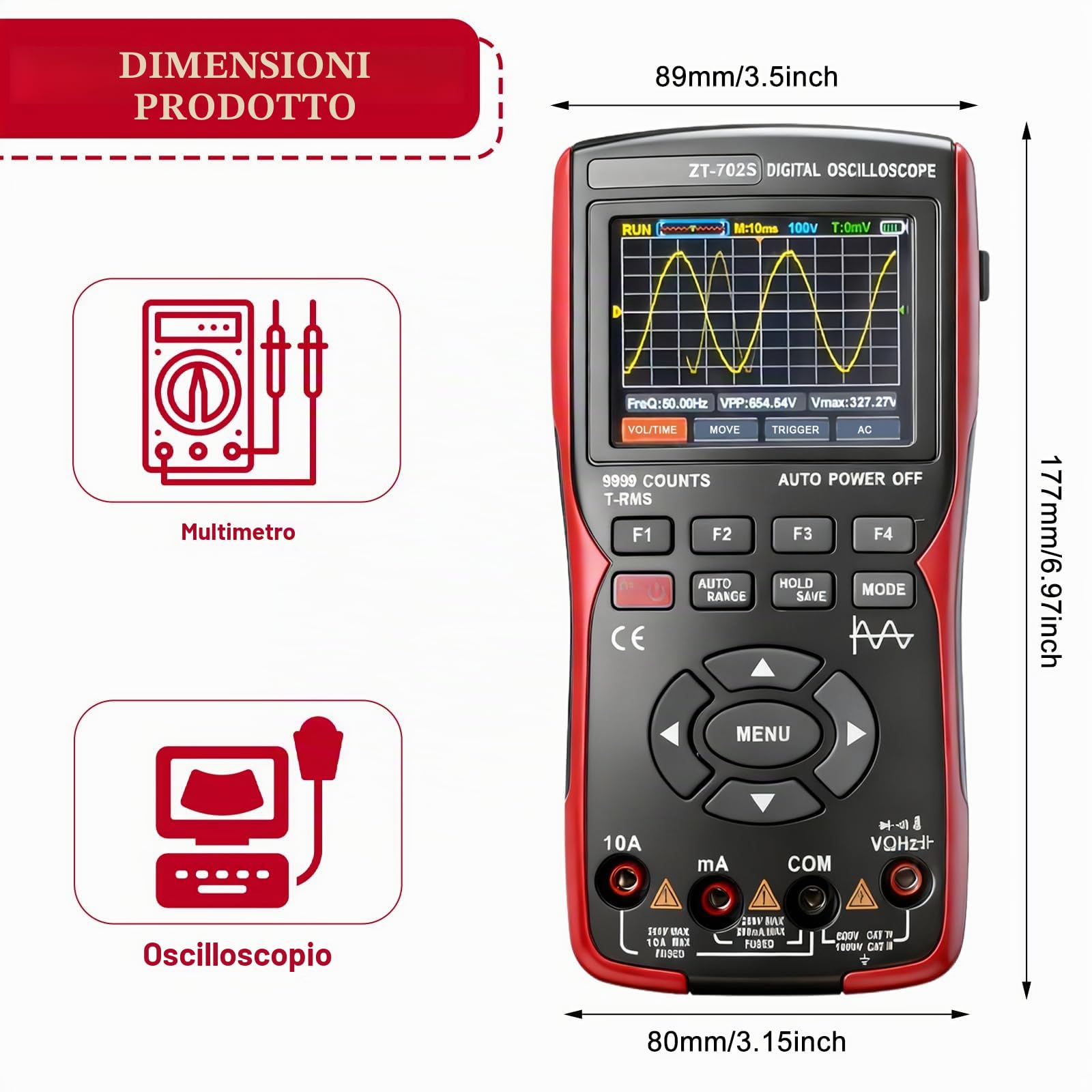 Oscilloscopio portatile, multimetro digitale 9999 Counts Oscilloscope 10 MHz, larghezza di banda 48 MSa/s, frequenza di campionamento, tester di corrente, oscilloscopio LED con sonda, funzione di