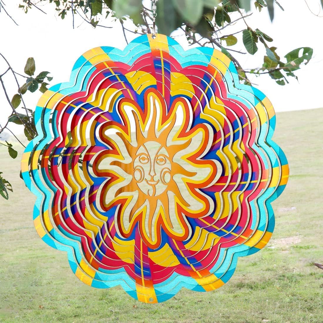 Wind Spinners Outdoor, 12 Inch Sun Face Smiley Stainless Steel Spinfinity Wind Spinner, Wind Chimes for Outside, 3D Hanging Kinetic Sculpture Suncatcher, Metal Spin Art Garden Ornament Gifts