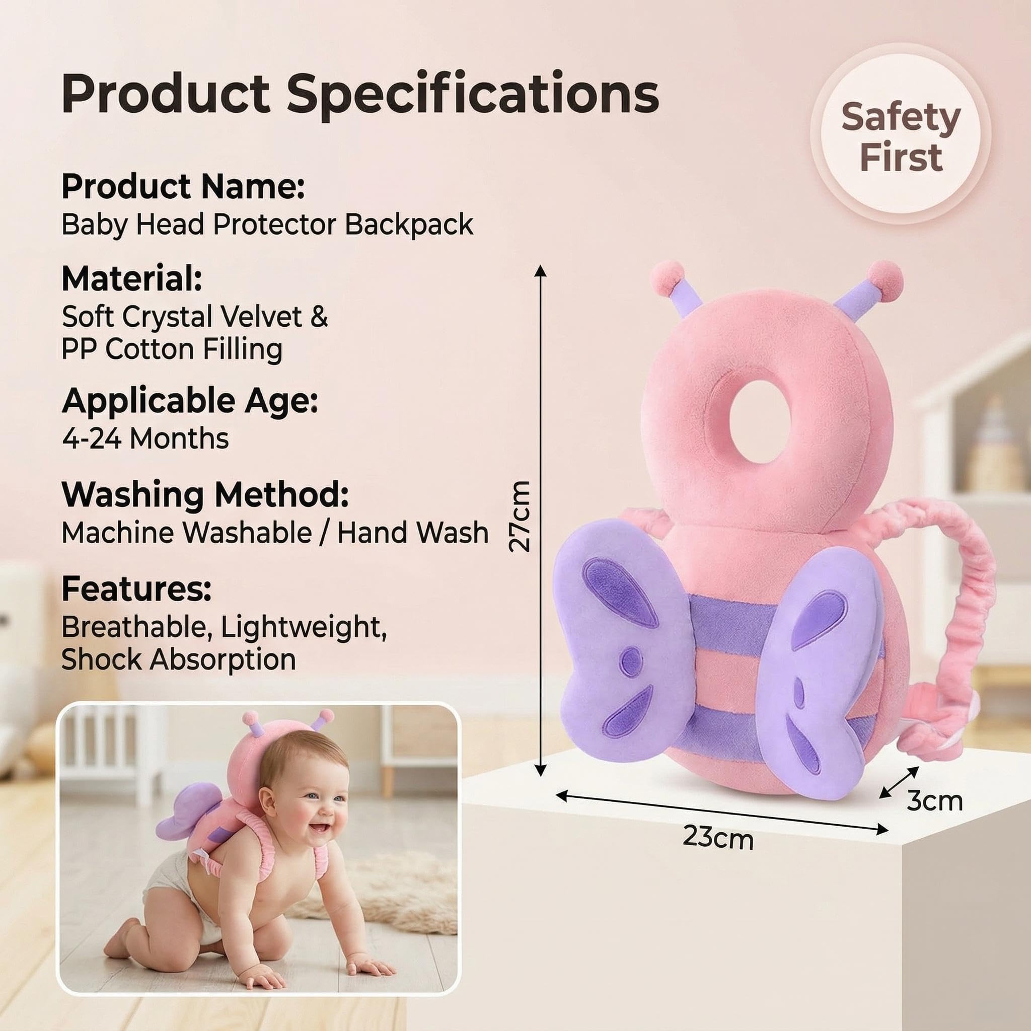 Protector Cabeza Bebe AUEJACKY Mochila Anticaida Bebe, Mochila Protectora Cabeza Bebe, Almohadilla Protectora Para La Cabeza Para Que Los Bebés Se Arrastren Y Caminen－Mariposa Rosa (K)