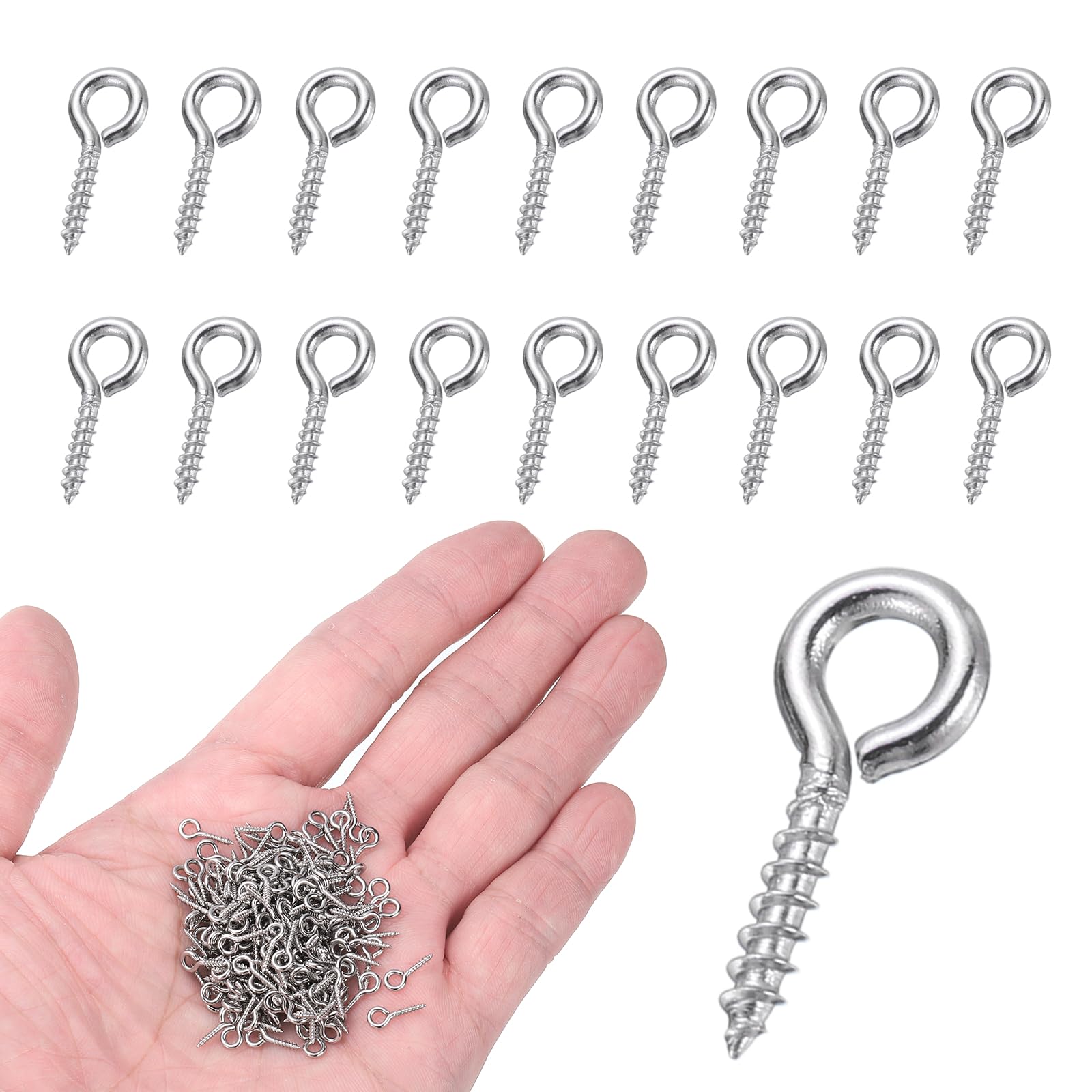 sourcing map 350Pcs Screw Hooks Eyes, M1x10mm 304 Stainless Steel Small Eye Bolts Screw, Self Tapping Eye Bolts Closed-End for DIY Handwork Wooden Clay Pendants Cork Bottles, Silver Tone