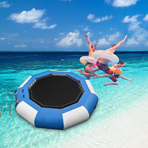 Miniatura 9 de Happybuy Trampolín inflable del agua, gorila inflable redonda del agua con la escalera mecánica, trampolín del agua en azul y blanco para los