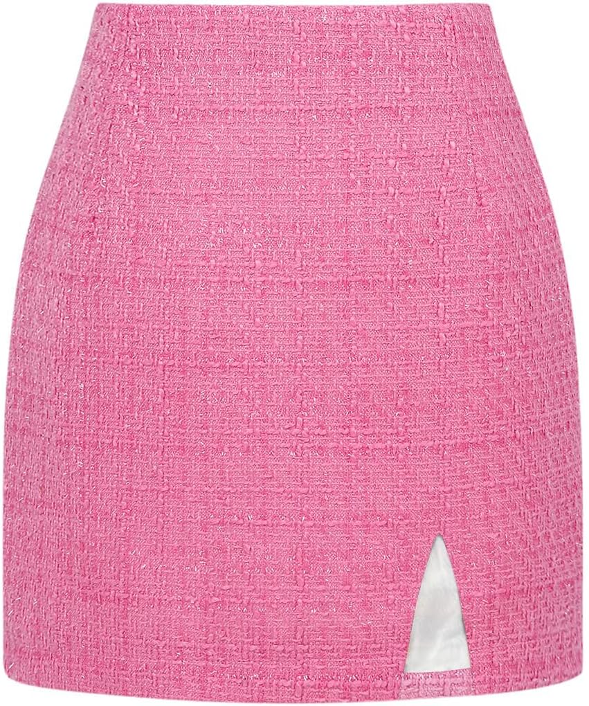Plaid Mini Skirts for Womens High Waisted Fall Winter Wool Bodycon Pencil Skirts with Slit