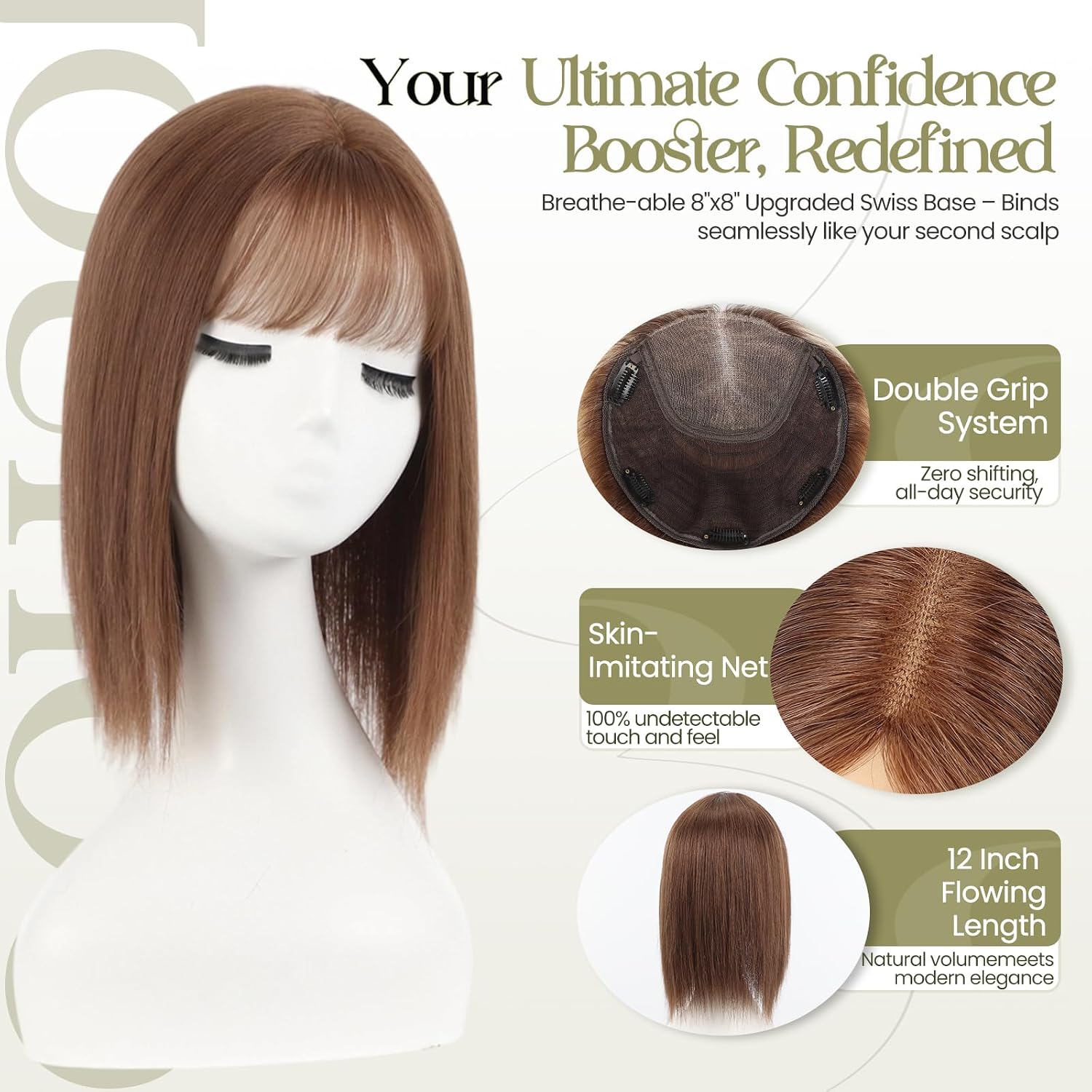 Hair Toppers for Women Real Human Hair 12 Inch 8"x8" Large-scale Upgraded Swiss Base SilkHug with 5 non-slip clips Topper for Thinning Hair Gray Hair Women(bangs,Warm Brown) image 4