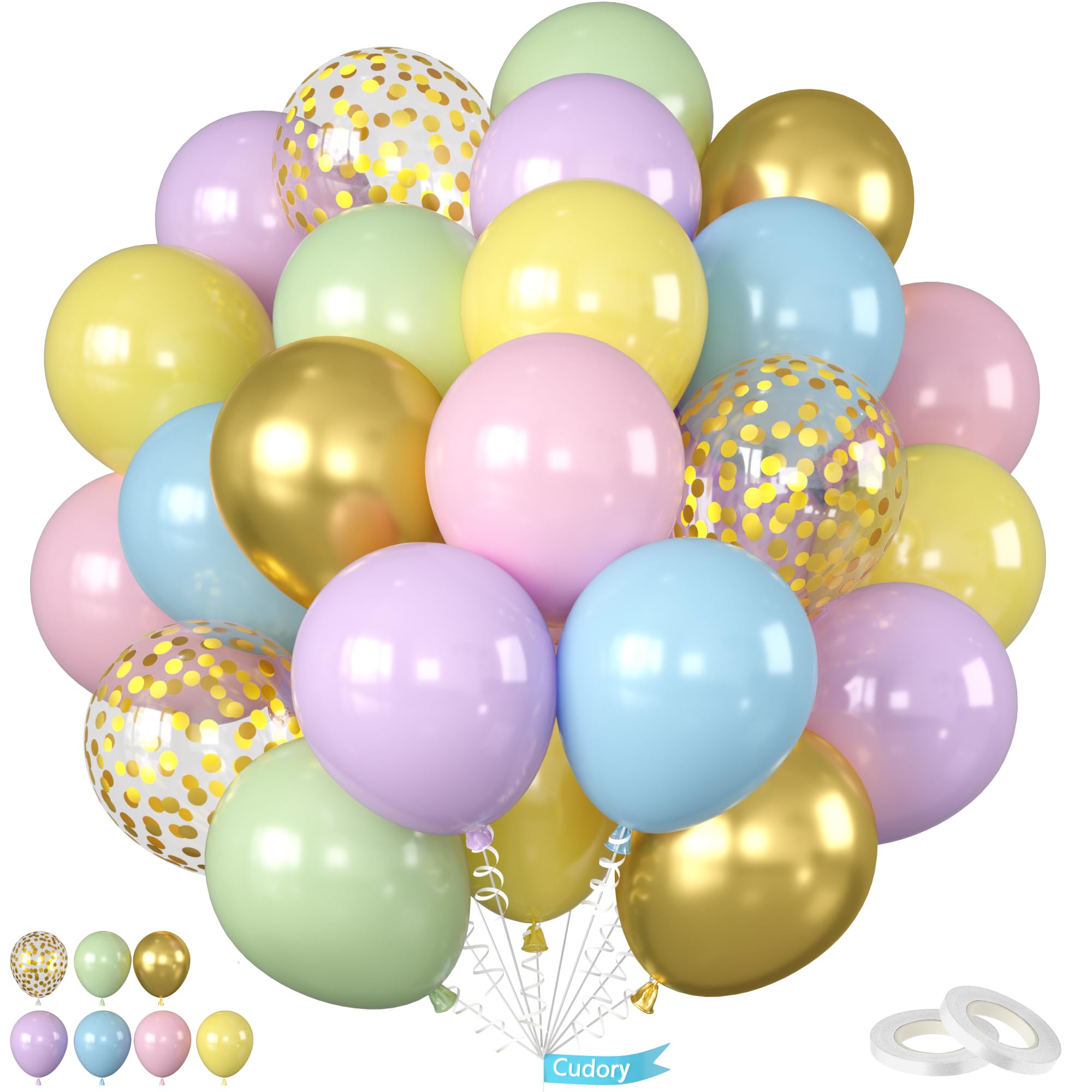 Pastel Balloons, 12 Inch Pastel Pink Maca Blue Purple Green Yellow Metallic Gold Confetti Balloons with Ribbons for Boys Girls Birthday Baby Shower