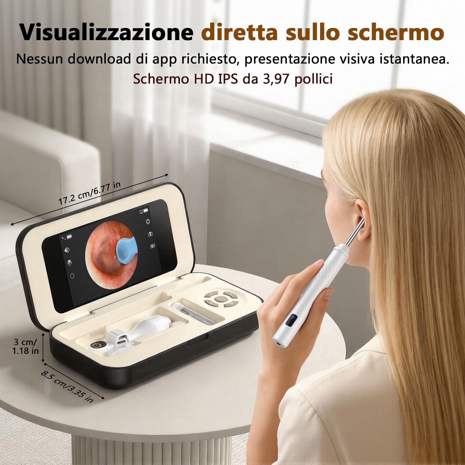 Pulizia Orecchie - Schermo da 3.97", Nessun Download di App Necessario | Rimozione Cera/Spillo Puntini, Aiuto Cura Orale | Montaggio Magnetico, Custodia Ricaricabile | Per Famiglia & Viaggi