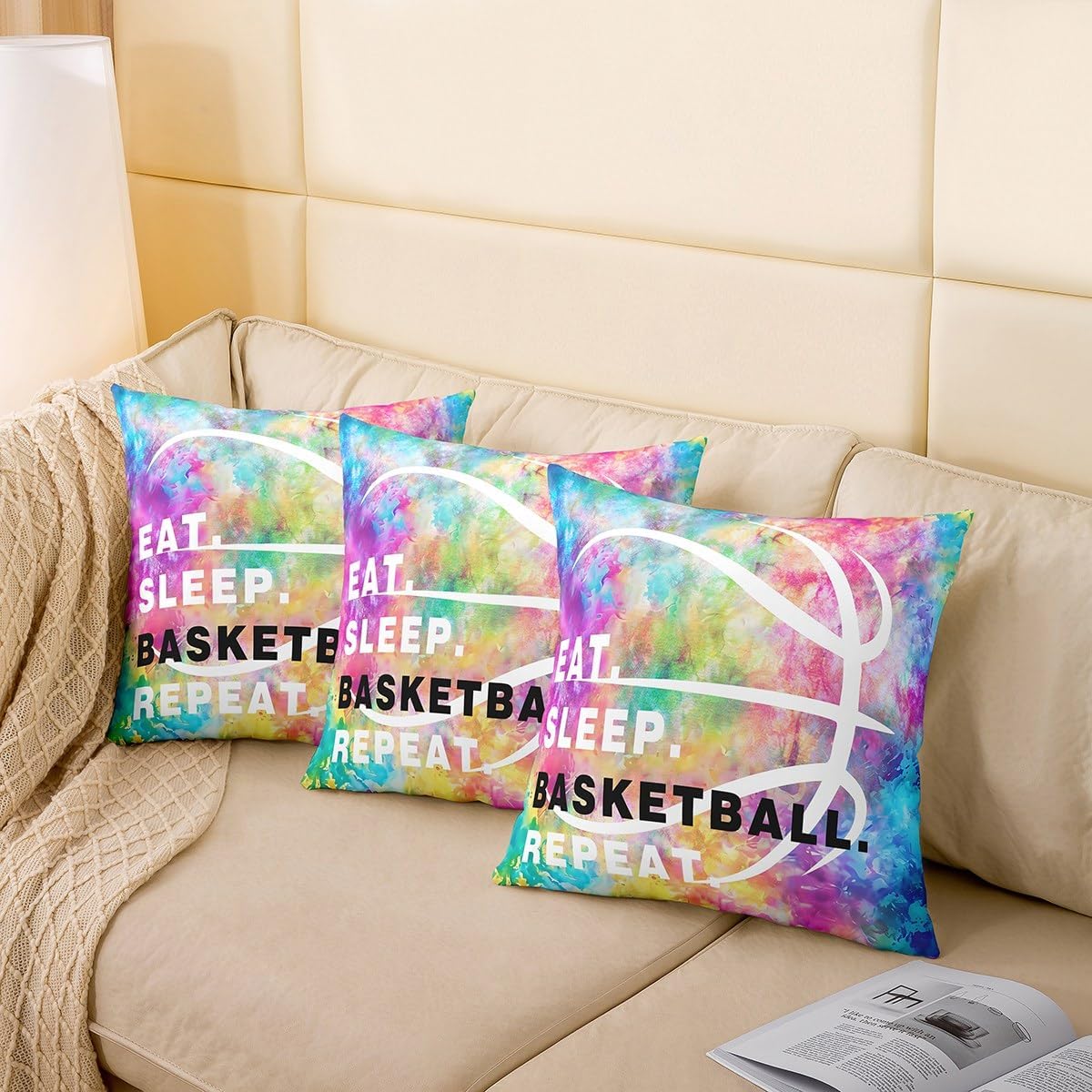 Feelyou Tie Dye Basketball Throw Pillow Covers 24 x 24-Inch, Eat Sleep Basketball Square Cushion Covers Set of 2,Kids Boys Girls Teens Ball Games Pillow Covers Gaming Sports Cushion Covers for Sofa