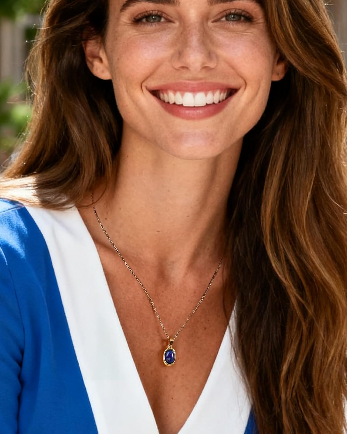 14K Gold Plated Gemstone Pendant Necklace for Women-Charm Blue Lapis lazuli Natural Stone Necklace, Dainty Western Jewelry Gift for Her - Image 2