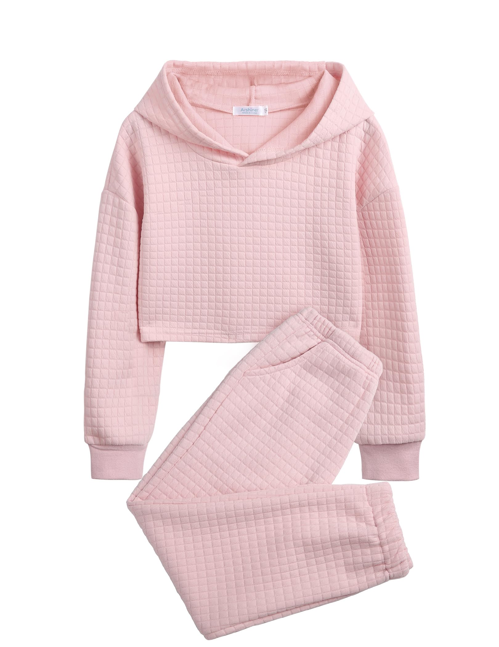 Arshiner Girls 2 Piece Outfit Waffle Knit Hooded Sweatshirt and Sweatpants