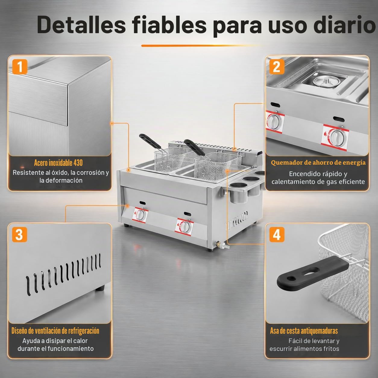 Freidora doble de gas, 2 x 6 l, acero inoxidable, cesta extraíble, control de temperatura independiente, freidora de grasa con vaso de especias para uso comercial y privado