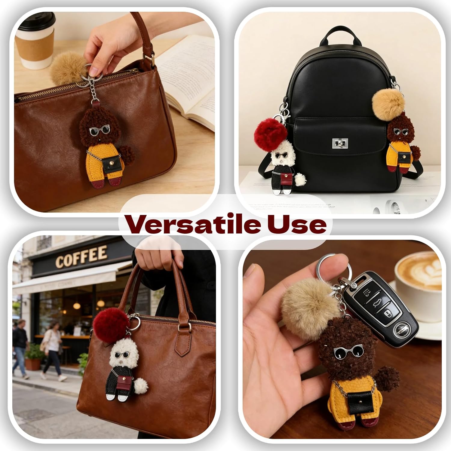 Teddy Dog Keychain with Pom Pom - Leather Plush Bag Charms Keyring Pendant for Handbags Backpacks Car Keys - Image 5