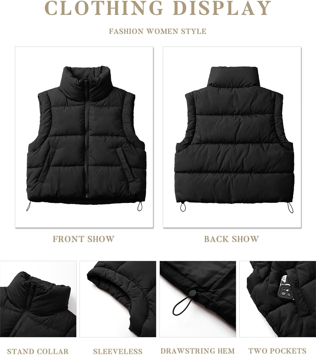 Women's Puffer Vest Lightweight Sleeveless Winter Outerwear Full Zipper Warm Padded Gilet Jacket Coat with Pockets - Image 6