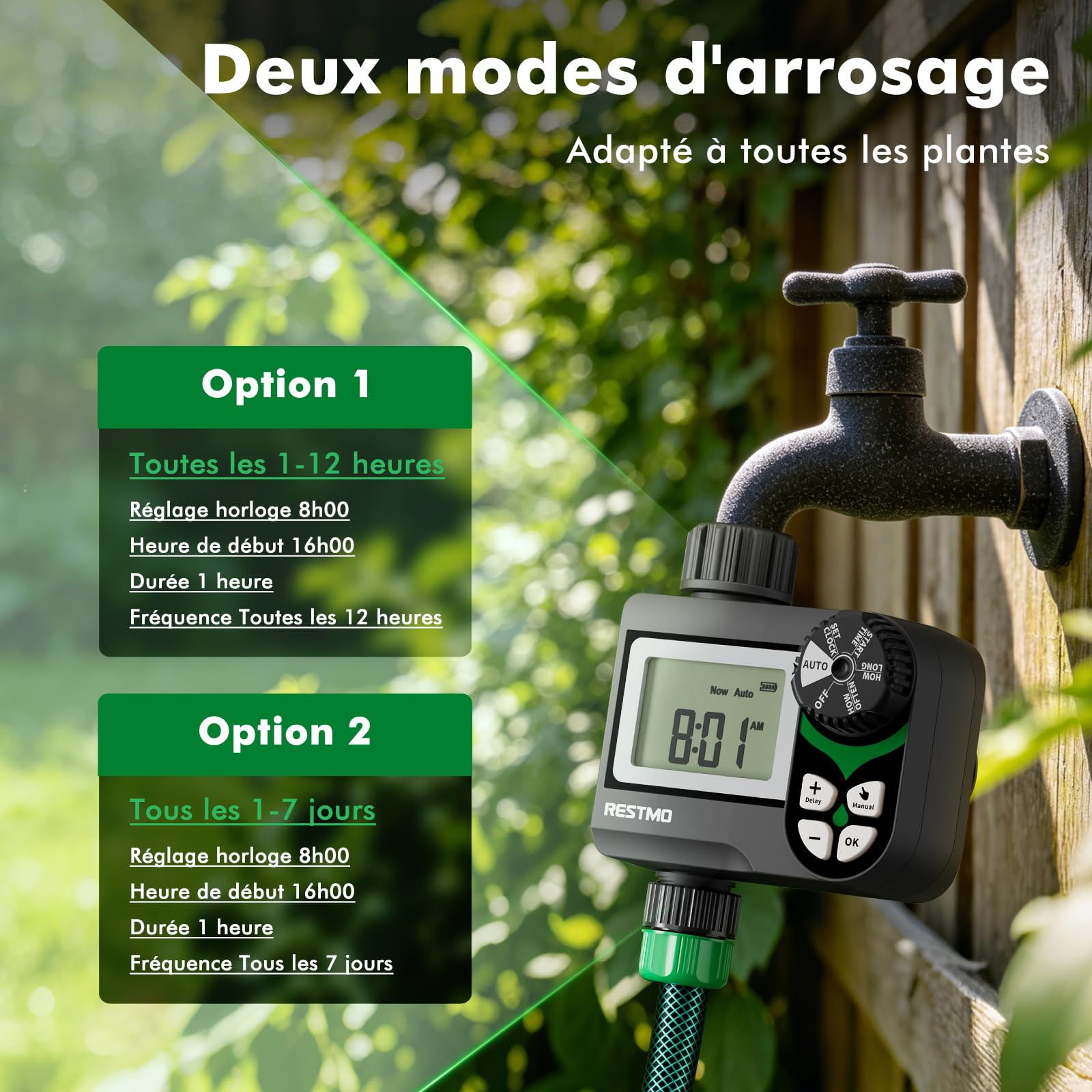 Ordenador de riego con válvula de Bola sin pérdida de presión (0-120 PSI), 2 programas de riego y retardo de Lluvia (24-72 h), Sistema de riego de jardín para barriles de Lluvia, Camas elevadas