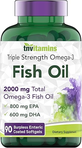 tnvitamins Aceite de pescado omega-3 sin eructos: 2000 mg - 90 cápsulas blandas | 1400 mg de ácidos grasos omega-3 totales (800 mg EPA y 600 mg DHA)