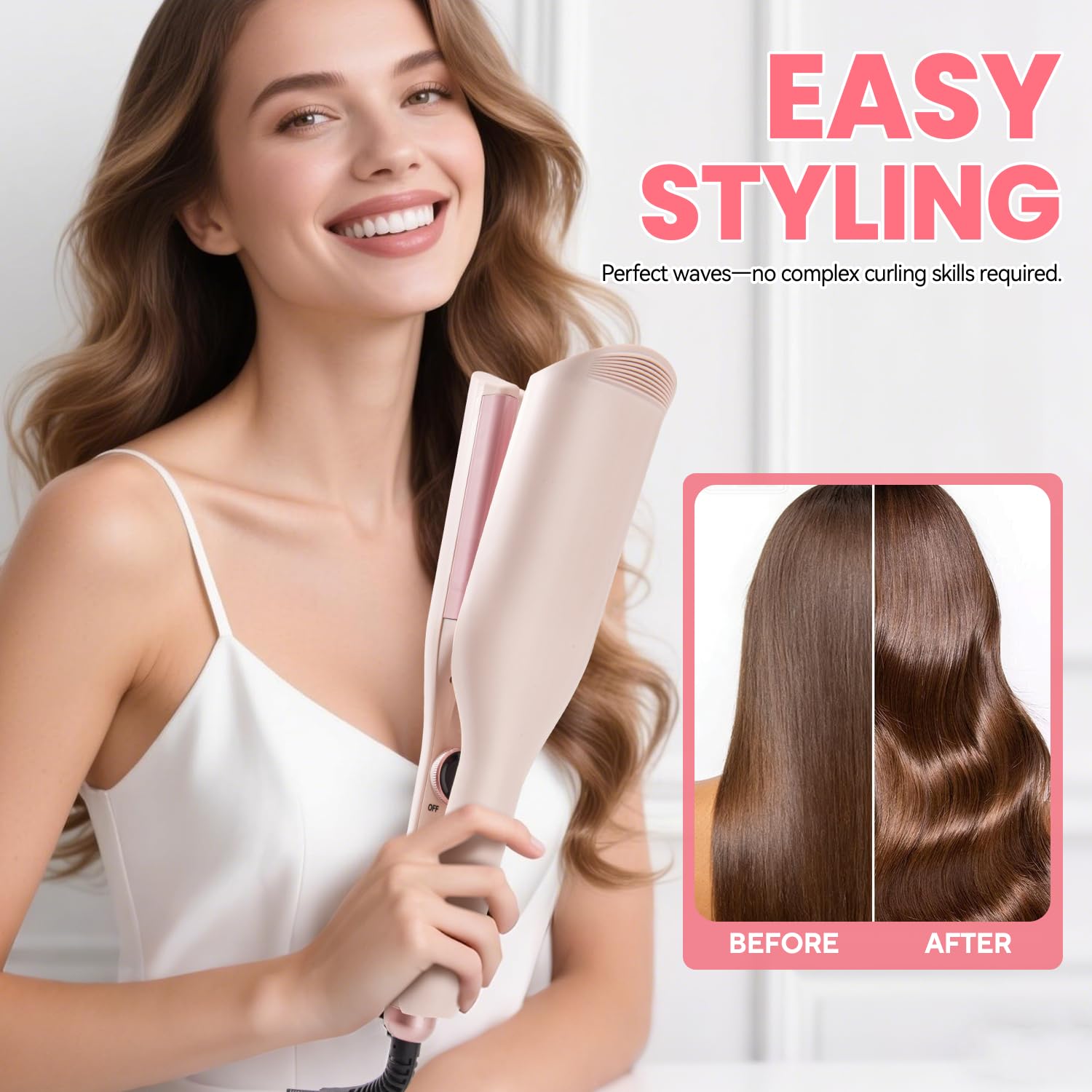 Lockenstab-Haar-Crimper Waver, 3,17 cm, Haarglätter für Damen, Crimpwerkzeug, ionischer Strand-Waver Haar-Crimper mit Keramik, 3 Fassen, Rosa