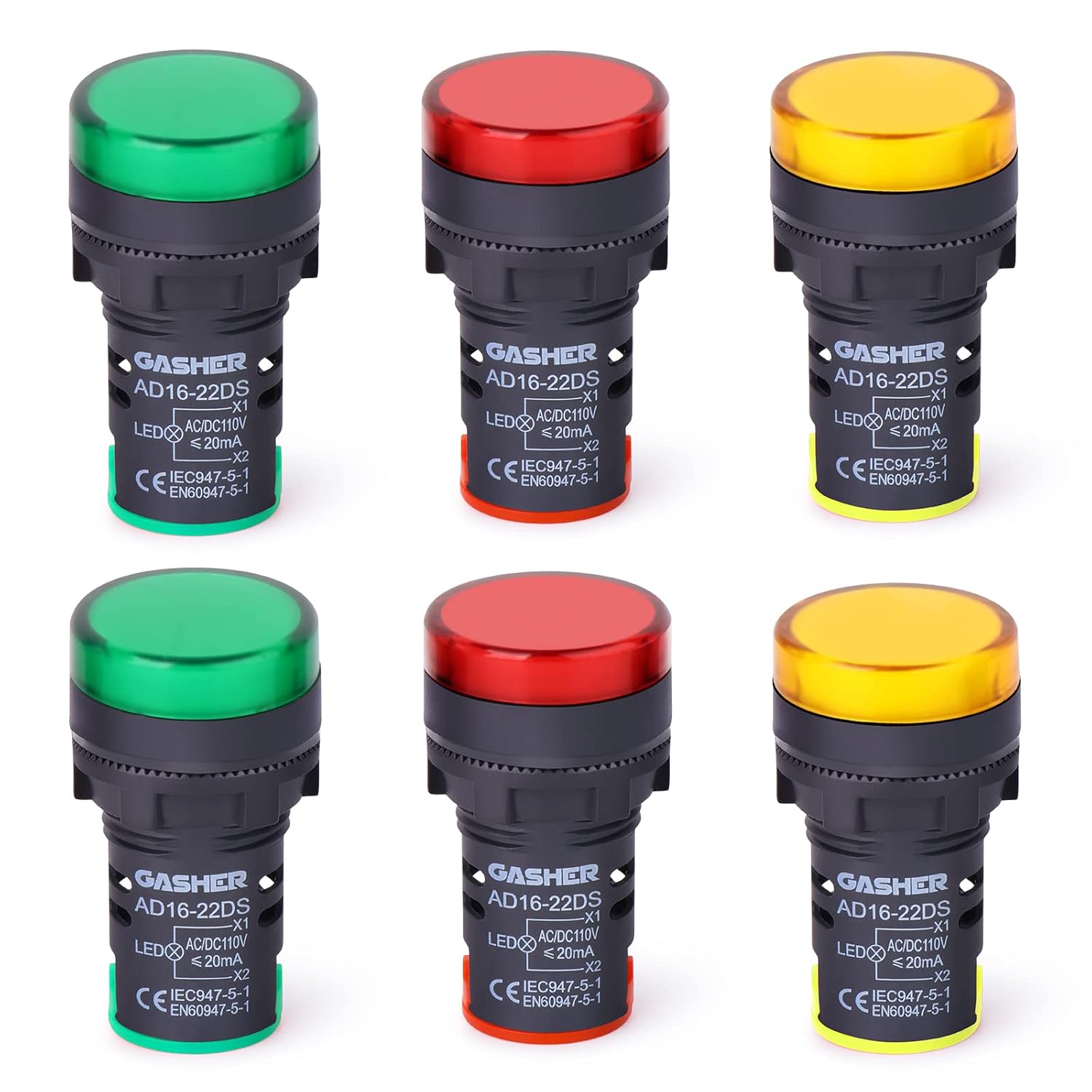 GASHER 12V/24V/110V 20mA Energy Saving Indicator Light Mounting Hole Size 22mm (7/8 Inch) Red Green Yellow 6 Pcs
