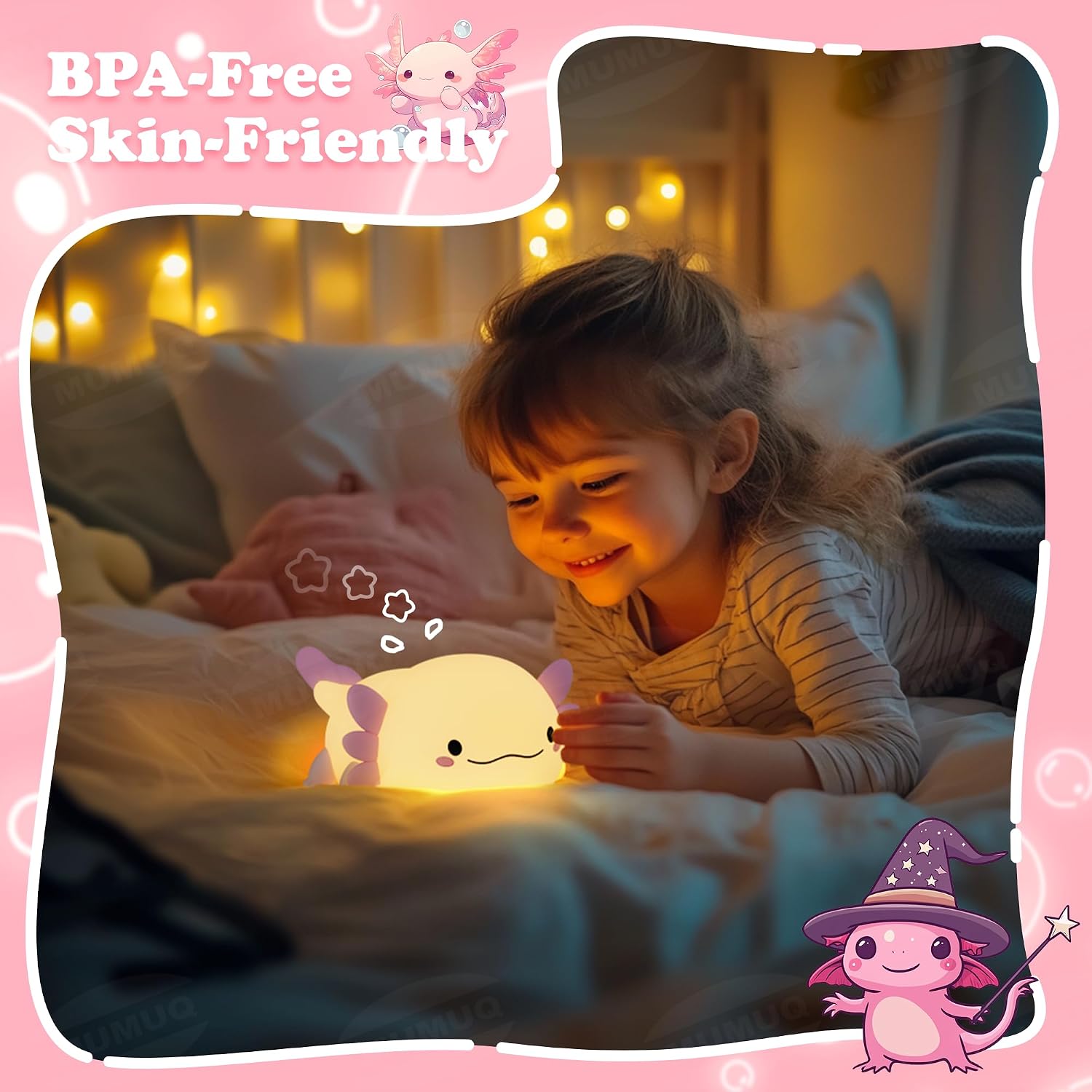 Axolotl Night Light, LED Cute Pink Silicone Nursery Lamp for Kids, Squishy Touch Nightlight Bedside Lamp with 20 Minutes Timer for Breastfeeding, Funny Decor, Cute Gifts