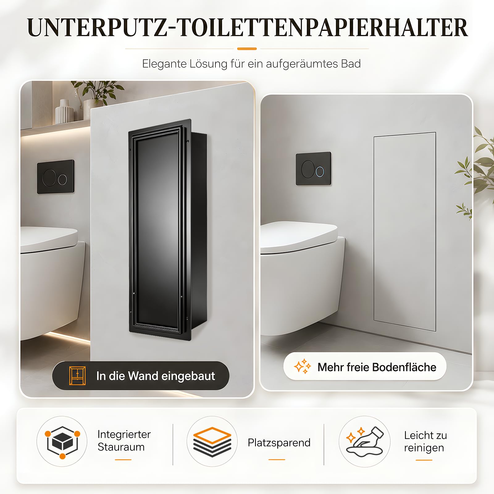 Unterputz Klobürstenhalter mit Klobürste Edelstahl Mattschwarz, 45x12x12 cm