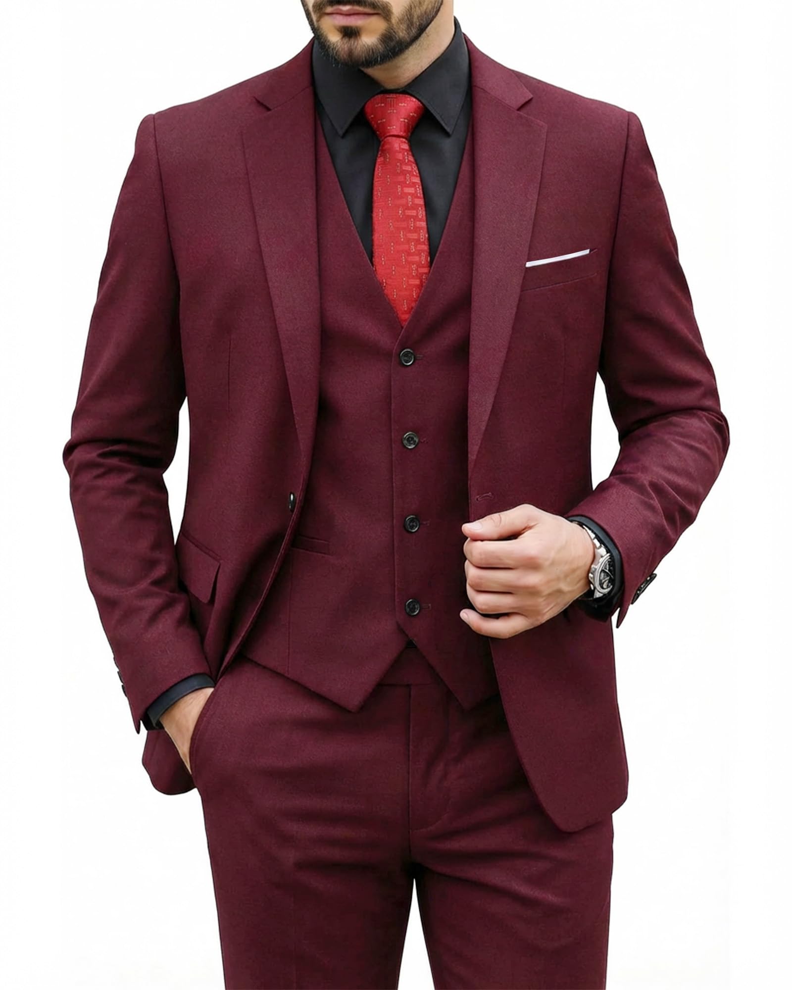 my's Men's 3 Piece Suit Blazer Slim Fit One Button Notch Lapel Dress Business Wedding Party Jacket Vest Pants & Tie Set Burgundy-picture-29