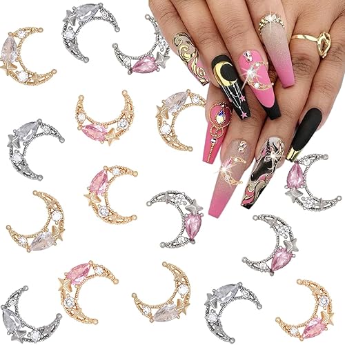 Miniatura 5 de 12 dijes brillantes de luna para uñas, aleación 3D, diamantes de imitación de luna para uñas acrílicas, joyería dorada y plateada, kit de dijes de