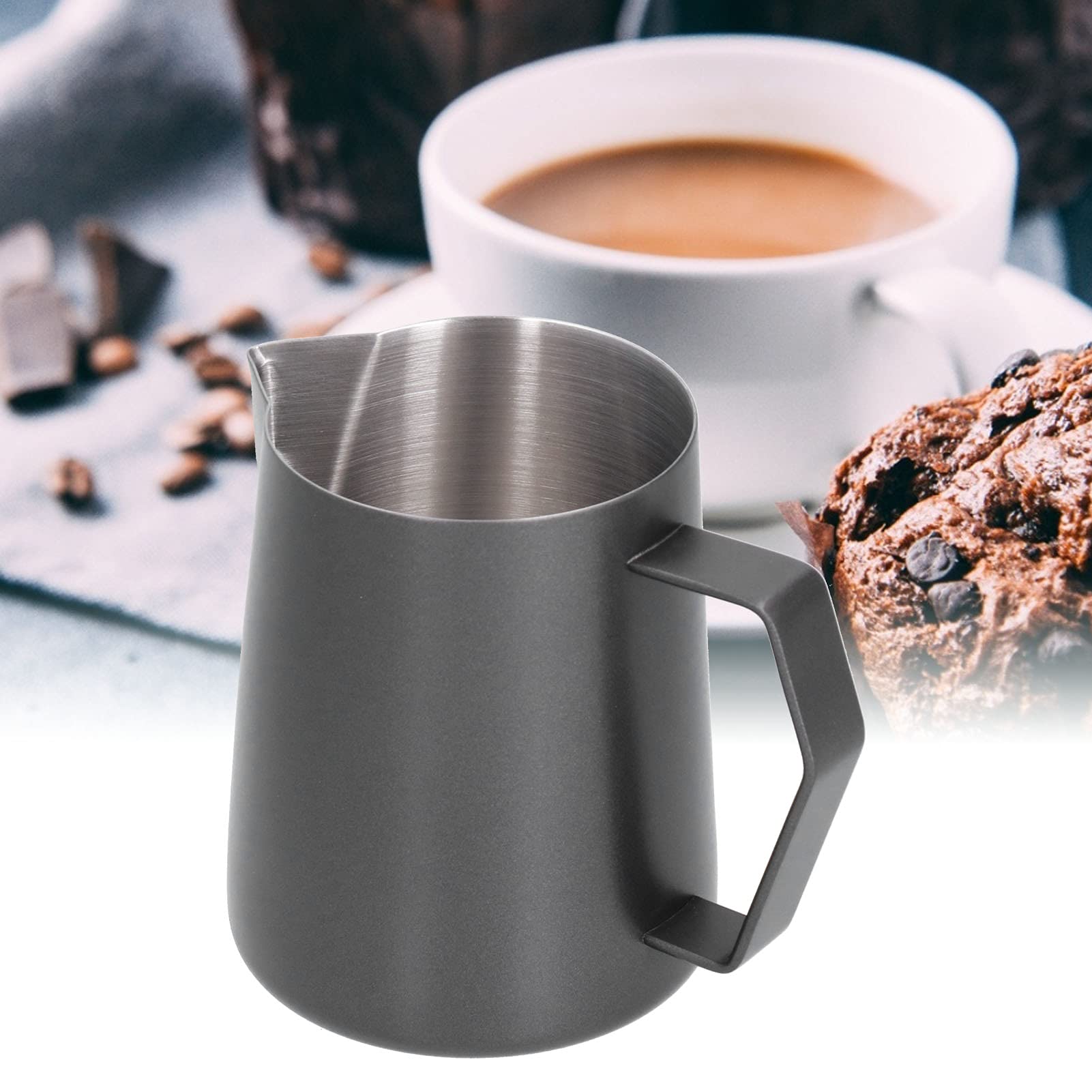 Schwarzes Milchkännchen langlebiger Milchaufschäumer aus Edelstahl 304 sicherer und gesunder Kaffeeaufschäumkrug mit spitzer Öffnung für Wasser Säfte,Eine Farbe-350ml