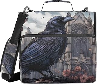 Zipper Binder 3 Ring Raven and Church Print, Large Capacity Portable Expanding File Folder Bag Document Organizer for Office Travel with Handle and Strap