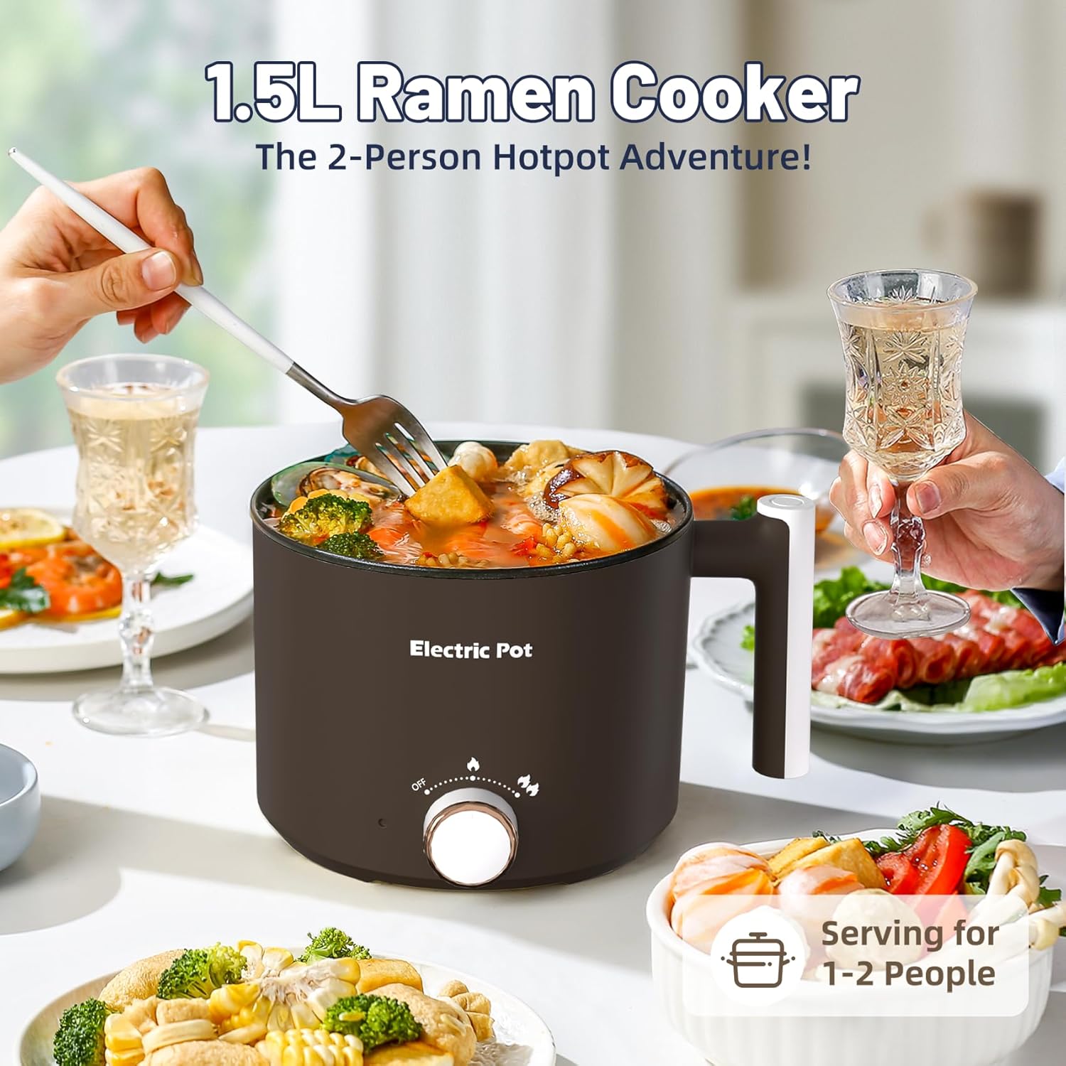Electric Hot Pot :1.5L Mini Ramen Cooker with Overheat & Boil-Dry Protection, Suitable for Noodles, Soup, Oatmeal, College Dorm Office Travel Essentials (Brown, 1.5L)
