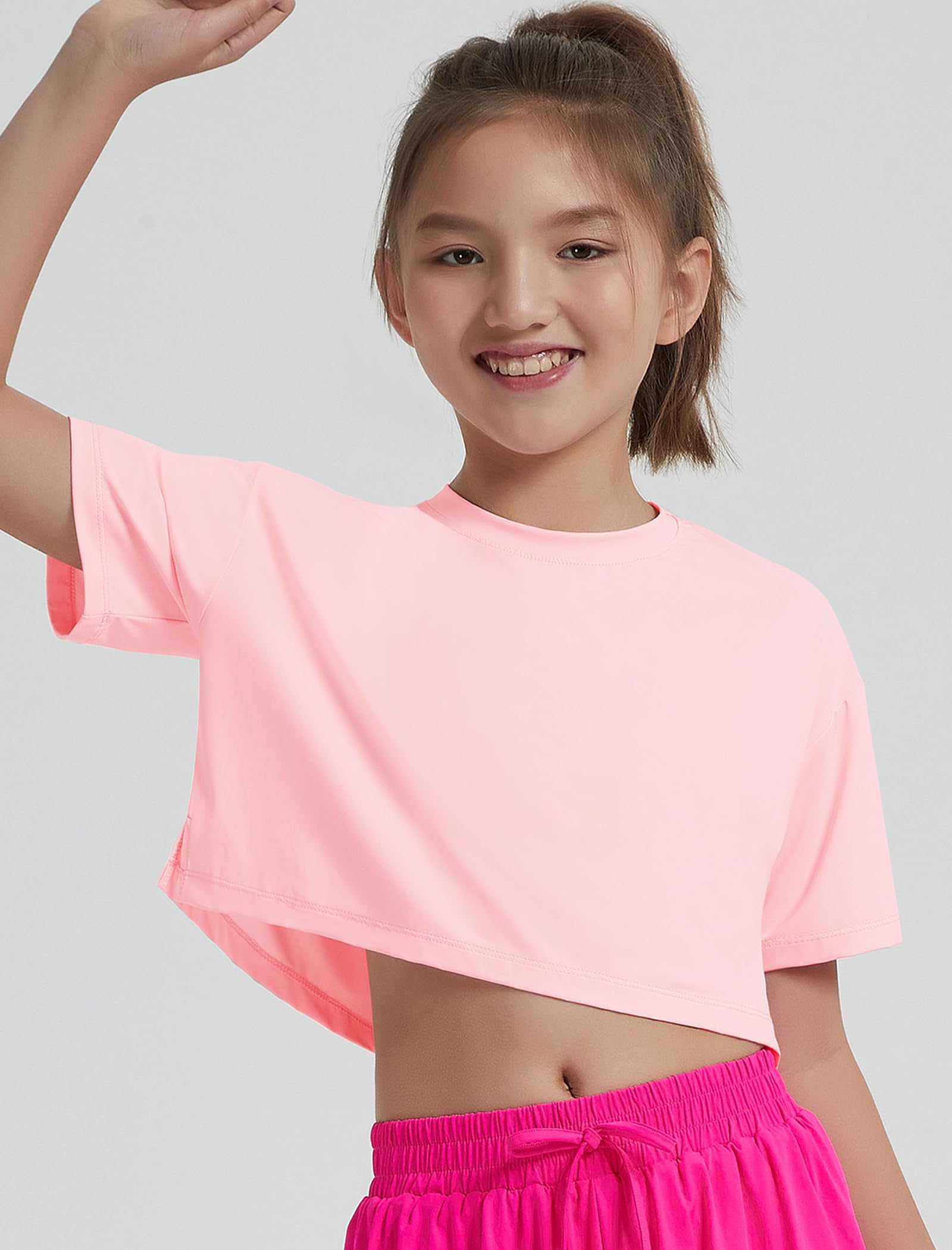 EXARUS Sport-Shirts für Mädchen, kurzärmelig, bauchfreies Oberteil/geteilter Rücken, schnell trocknend, für Workout, Sommer, leger, Kinder, 6–14 Jahre