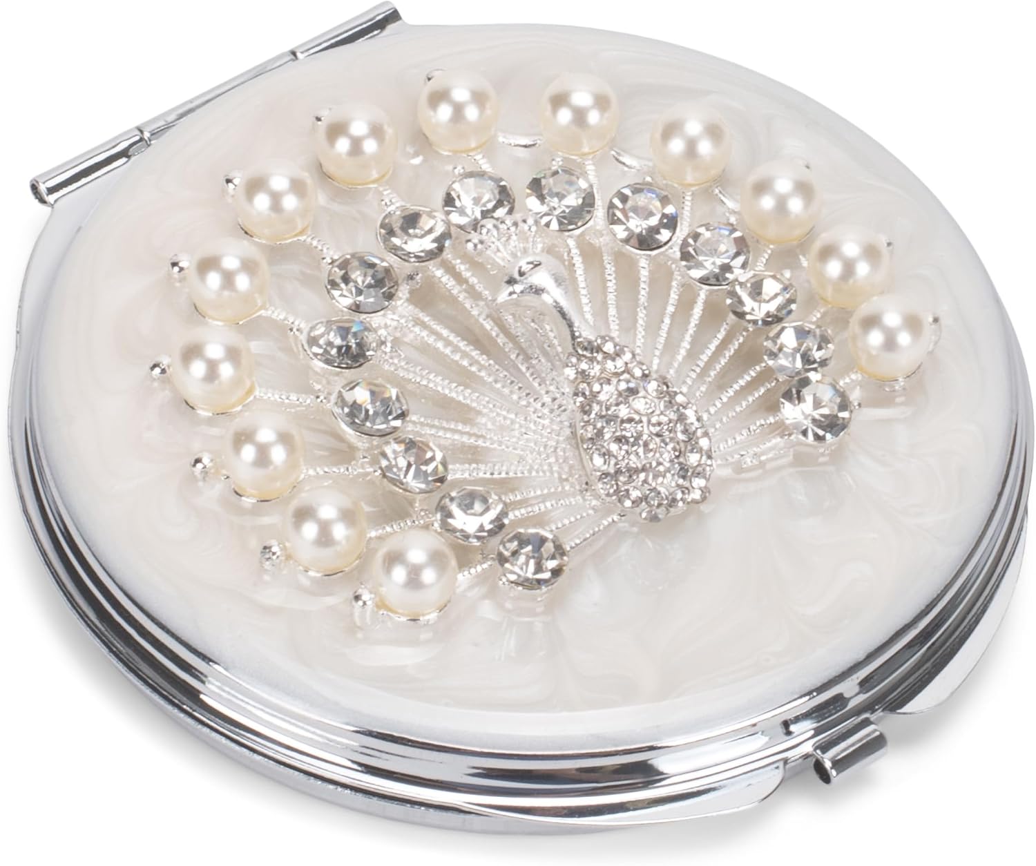 Cottage Garden Hand Painted Pearlized Silvertone Metal Enamel Ornamental Vintage Hinged Lid Personal 3 Inch Makeup Beauty Double Sided Compact Travel Mirror with Bejeweled Crystals, Peacock