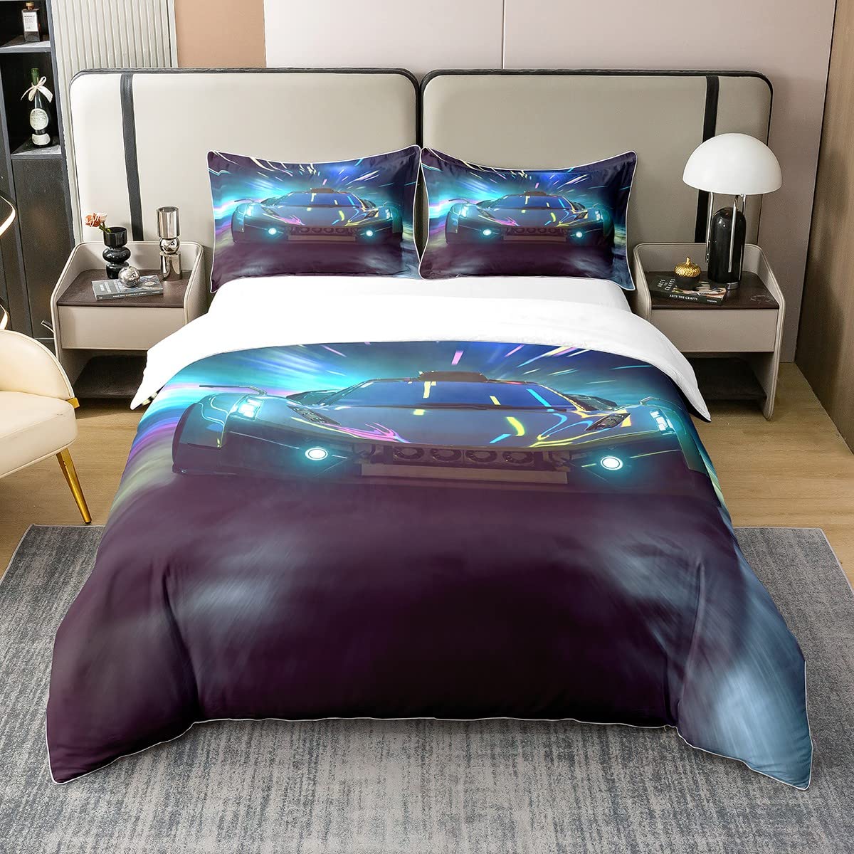 Homewish Natürliche Baumwolle Bettwäsche 135x200 Rennen Auto Bettbezug für Jungen Kinder Extreme Sports Bettwäsche Set Coole Auto Tröster Abdeckung Moderne Auto Sport Theme Bettset mit 1 Kissenbezug