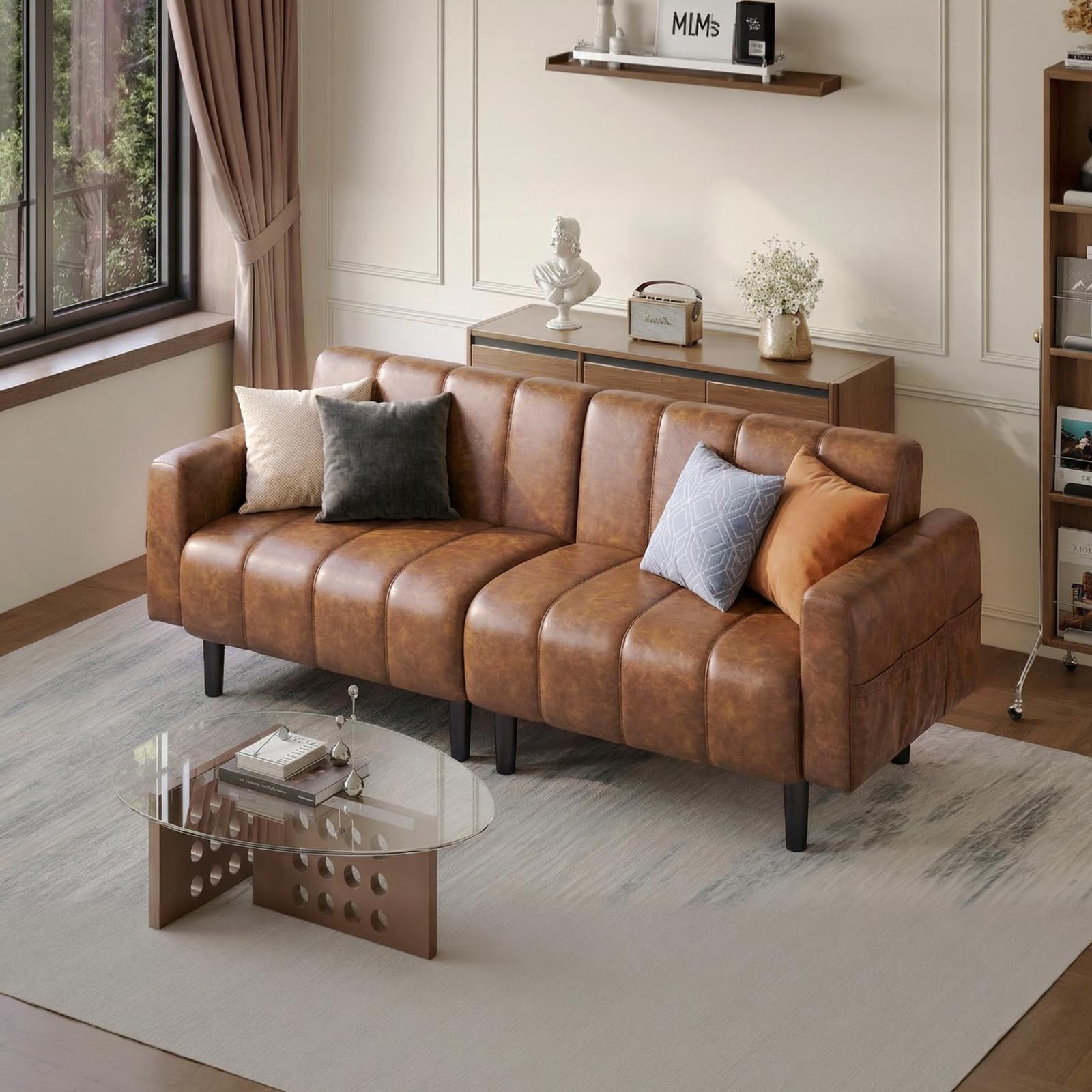 Ledersofa, Sofa 3 Sitzer, Sofa mit Schlaffunktion, Schlafsofa, Wandelbares Ledersofa mit Verstellbarer Rückenlehne, Stauraum, Holz & Stahlrahmen, 195×74×77cm (Braun)