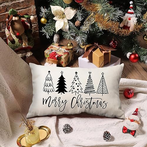Miniatura 8 de DFXSZ Fundas de almohada de Navidad de 12 x 20 pulgadas, diseño de árbol de Navidad, decoración de Navidad roja y negra, cojines decorativos de
