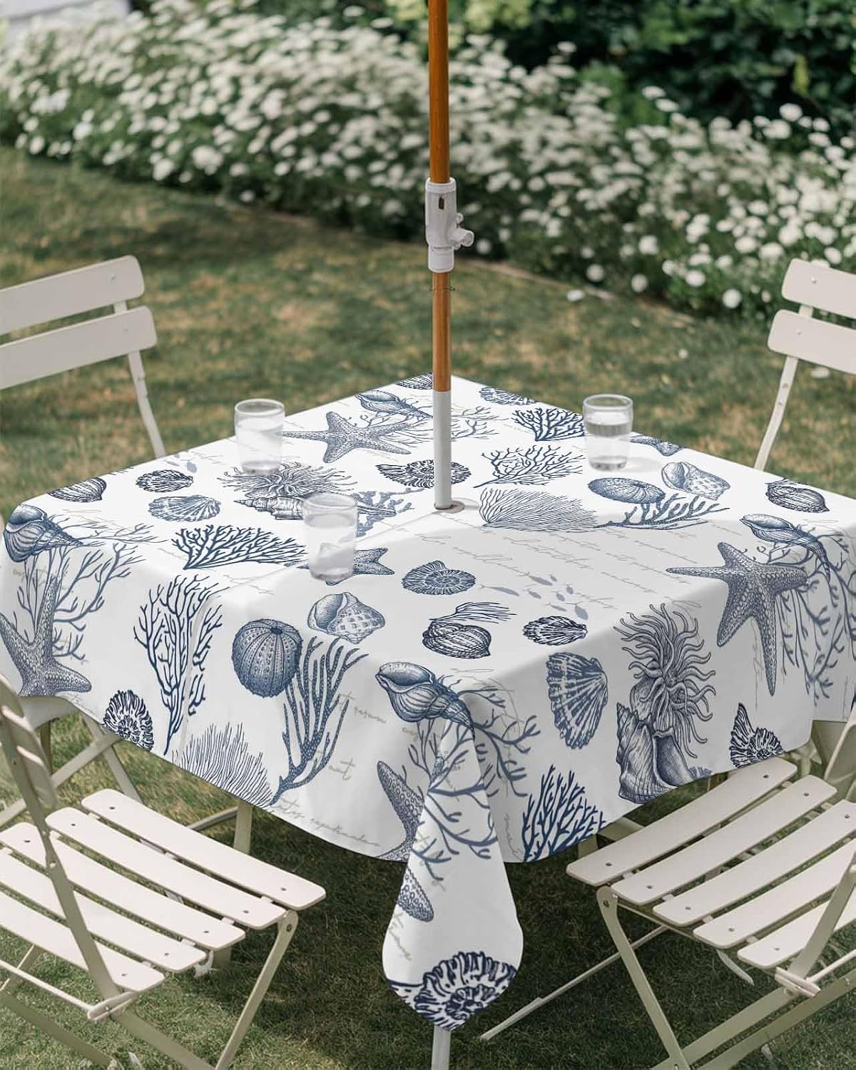 Navy Blue Coastal Outdoor Tablecloth - 60x60 Inch Dining Table Cover, Summer Beach Starfish Ocean Nautical Coral Shell Waterproof Outdoor Table Cloth with Umbrella Hole & Zipper for Picnic