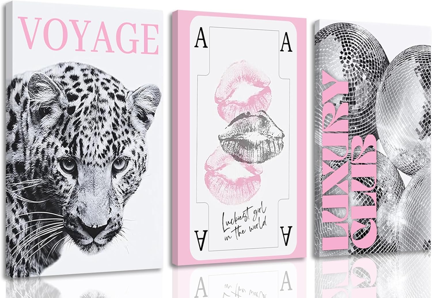 Pink Leopard Lucky Girl Poker Wall Art Set of 3 – Trendy Pink & Black Preppy Canvas Prints with Cheetah Artwork, Ace Card Lips Poster & Disco Ball Luxury Club Aesthetic Decor for Bedroom Dorm Apartment12×16 in