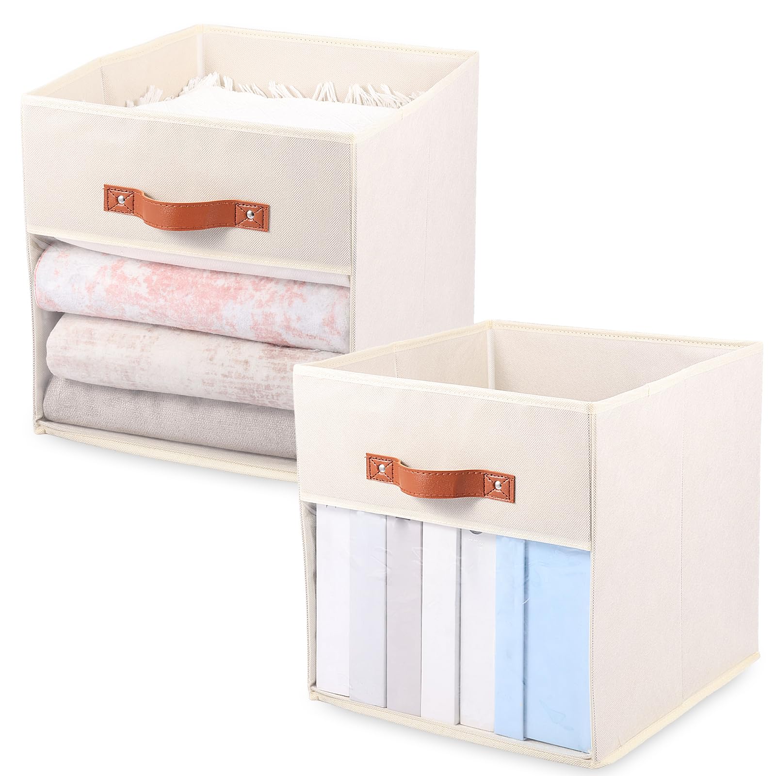 2Pcs Cube Storage Bins with Clear Window 13 Inch Foldable Non Woven Fabric Cube Storage Boxes Closet Organizers for Clothes Toy Books