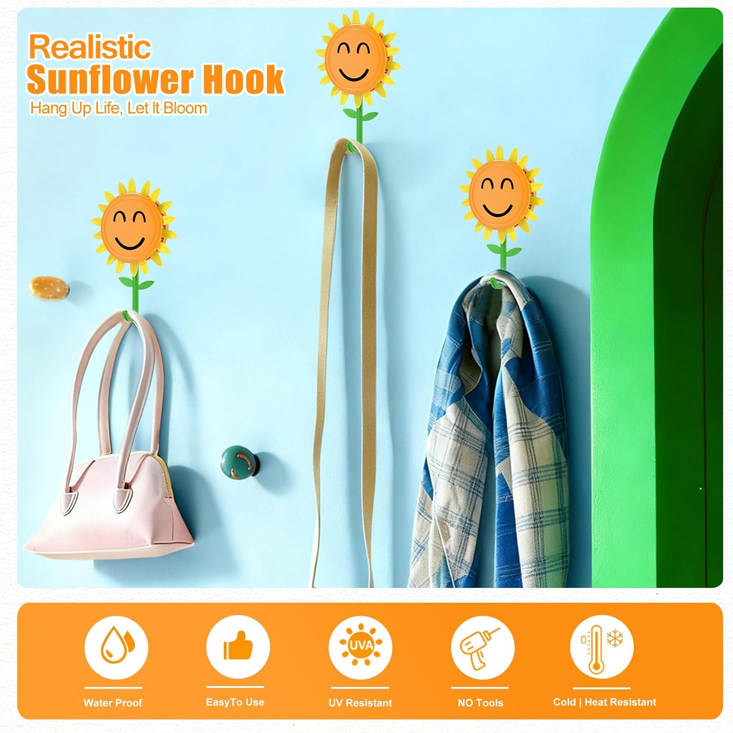 Sunflower Retractable Hooks, Strong Self-Adhesive Sticky Hooks, Traceless & Waterproof, Holds up to 8.8 lb, Sunflower Wall Decor for Kitchen, Bathroom, Bedroom, for Renters & Homeowners(4Pcs)