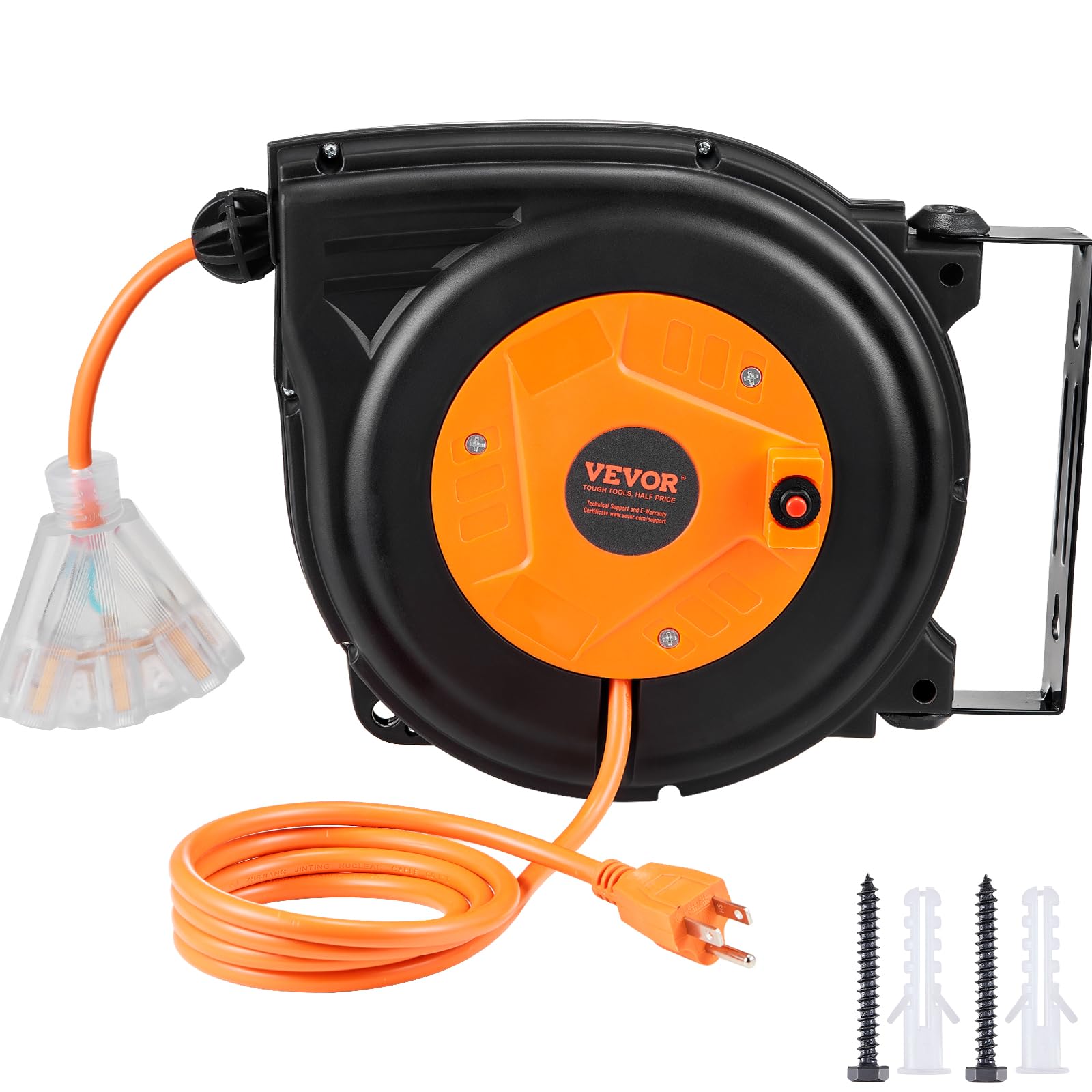 VEVOR Retractable Extension Cord Reel, 30 FT, Heavy Duty 16AWG/3C SJTOW Power Cord, with Lighted Triple Tap Outlet 10 Amp Circuit Breaker, for Ceiling or Wall Mount Garage and Shop, ETL Listed