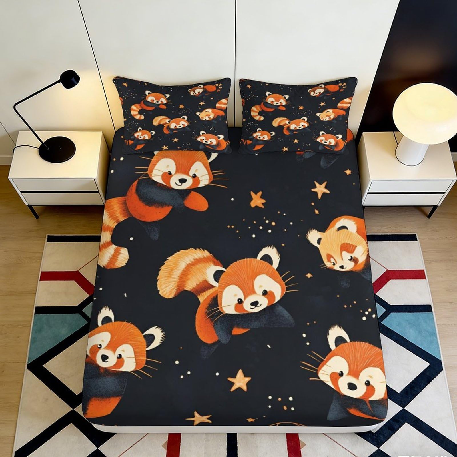 3D Printed Cartoon Red Panda Fitted Sheet Microfiber Anti-Slip Starry Night Mattress Cover Machine Washable for Bedroom Dorm Room 120x200x25cm
