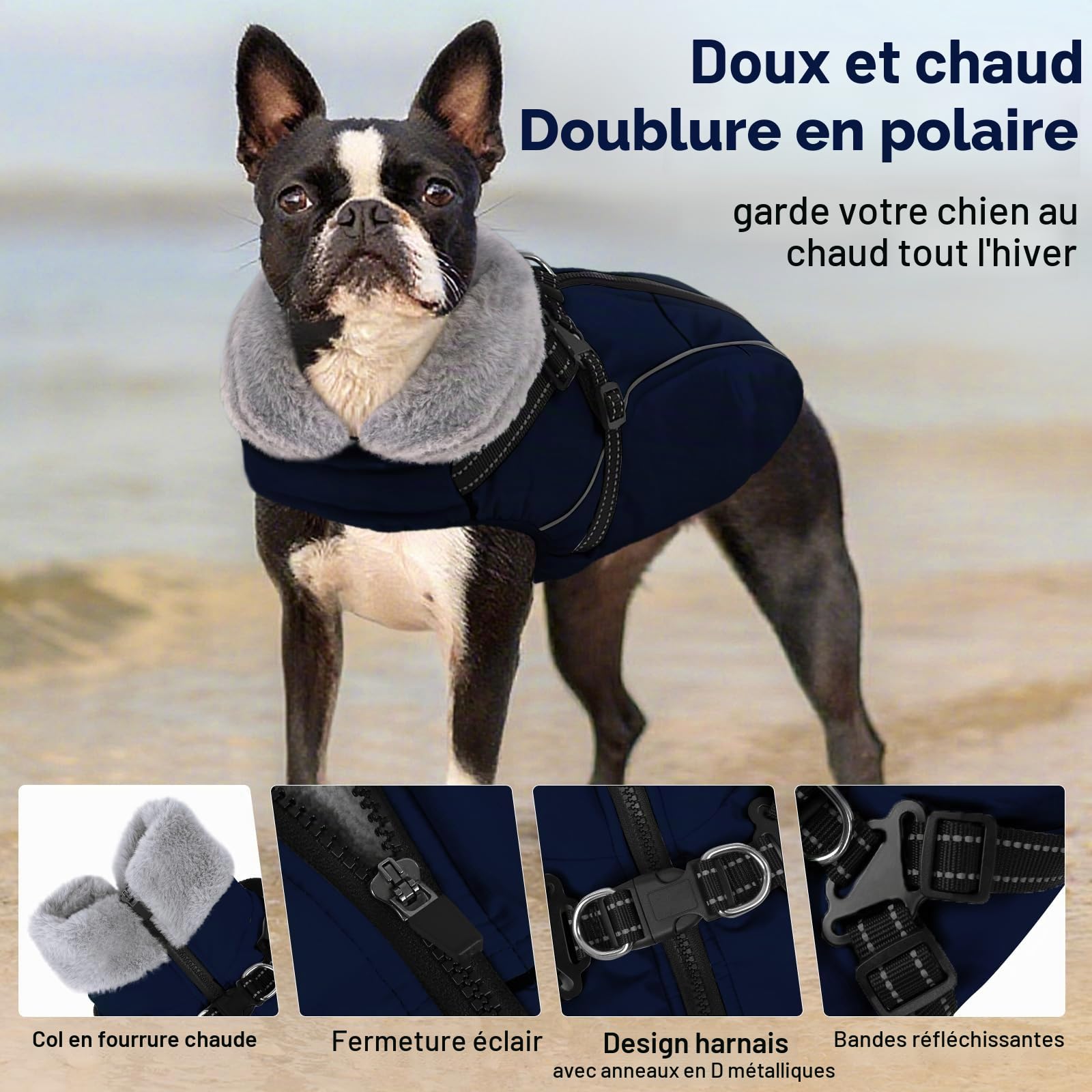 Manteau Chien Hiver avec Harnais, Manteaux Imperméables pour Chiens, Veste avec Harnais, Bouledogue Français/Cocker Spaniel/Lévrier