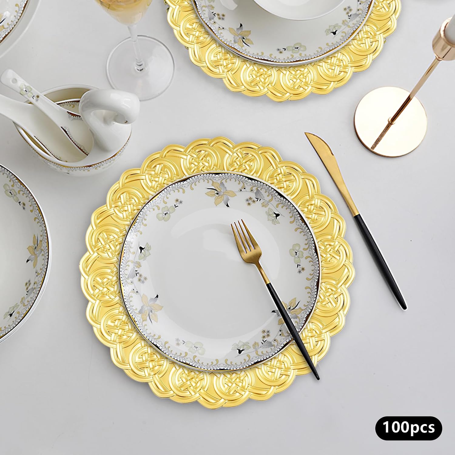 Charger Plates Set of 100Pcs, 13 Inch Reusable Round Chargers for Dinner Plate, Service Plate Bulk for Wedding, Catering, Restaurant Table Setting, Gold Floral