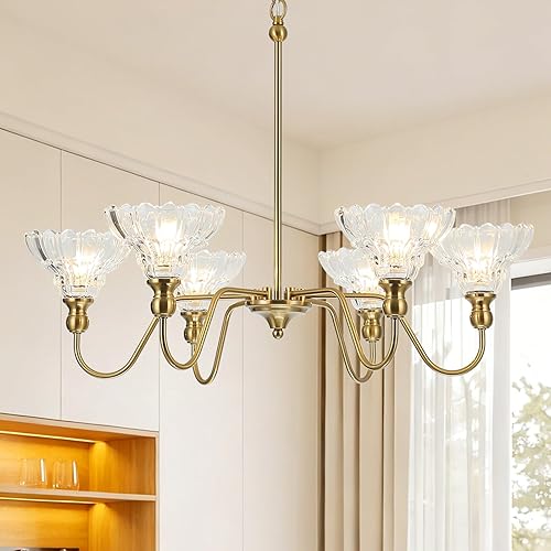 Lámpara de araña vintage, 6 luces colgantes de latón, iluminación de isla de cocina con pantalla de vidrio de flores, lámpara colgante de techo para