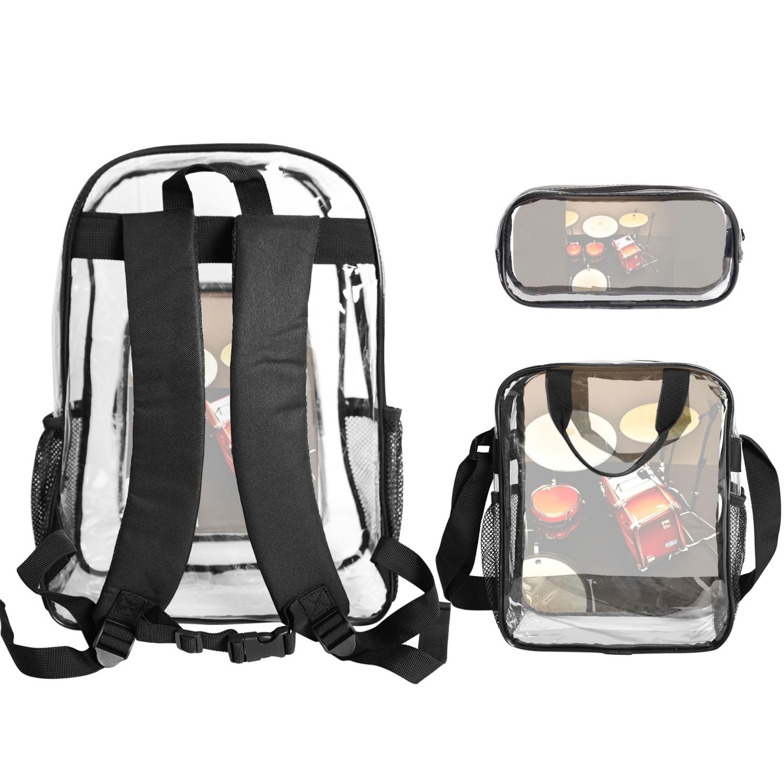 Schlagzeug-Set, Standarddruck, für Damen, Herren, Kinder, transparent, Rucksack, Schule, Reisen, 3-teiliges Lunchpaket